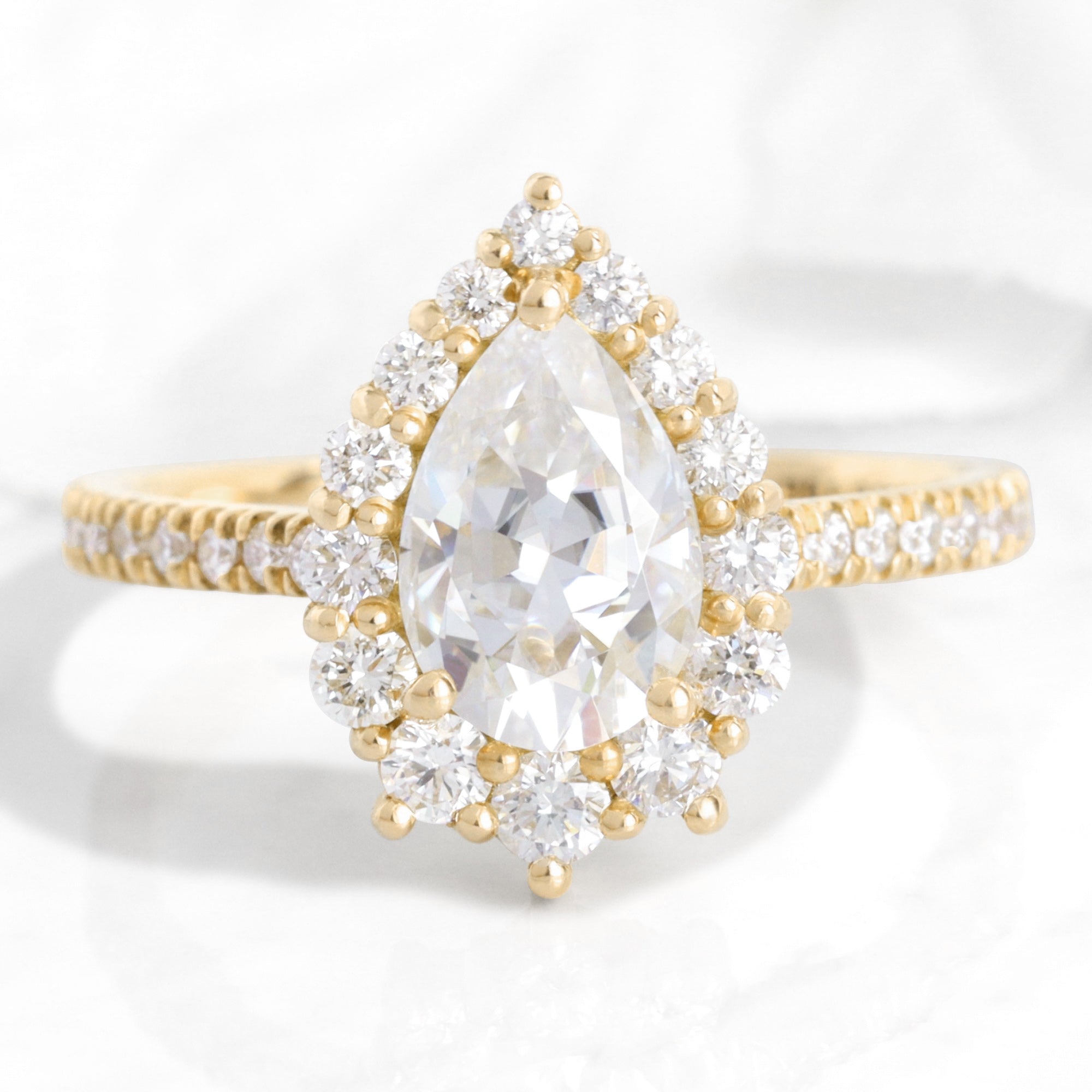 Pear Moissanite Engagement Ring in Tiara Halo Diamond Pave Band