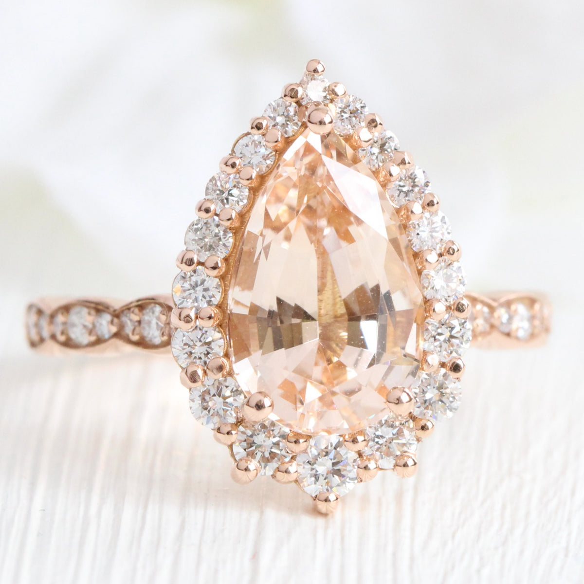 Large pear morganite ring rose gold halo diamond peach morganite ring la more design jewelry