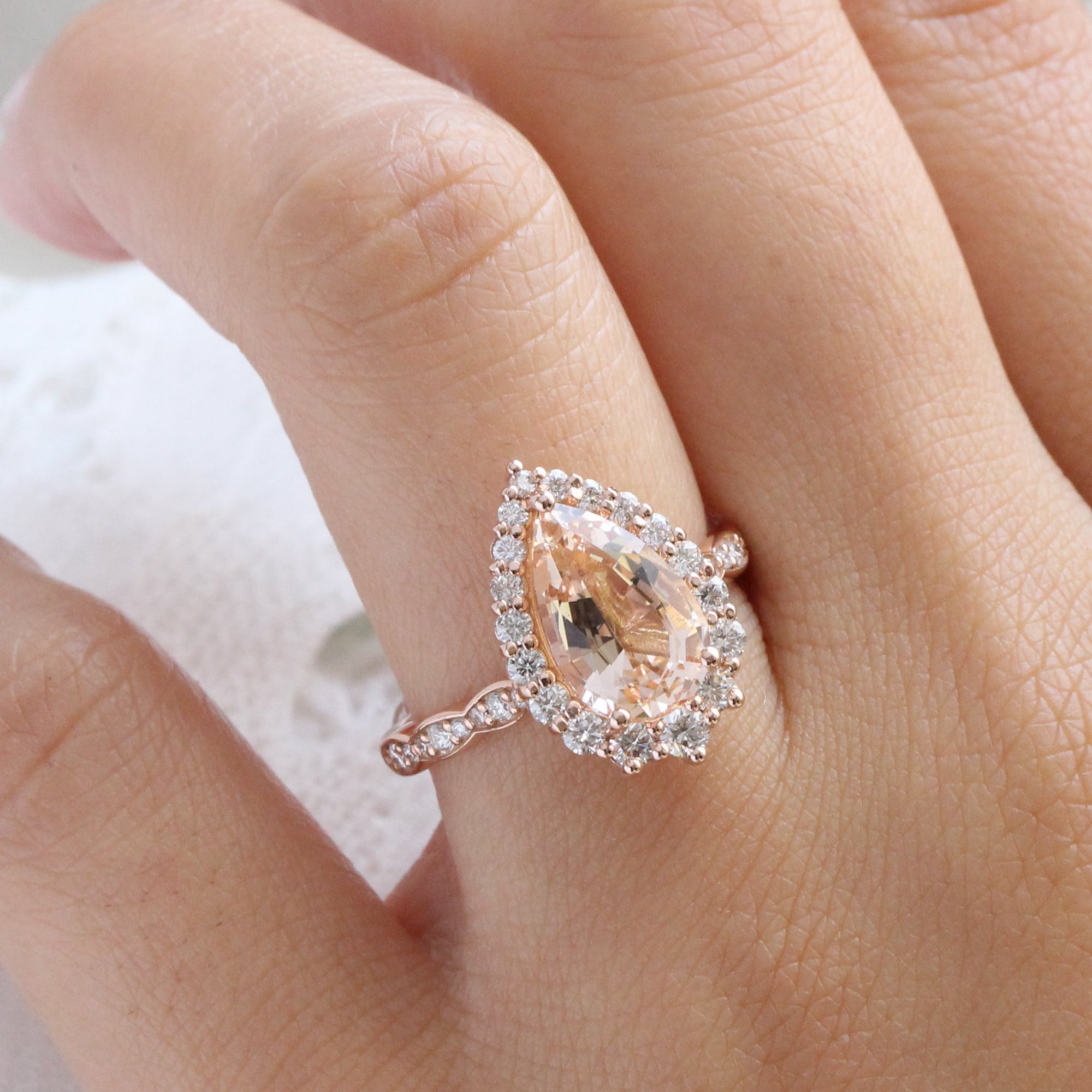 Large pear morganite ring rose gold halo diamond peach morganite ring la more design jewelry