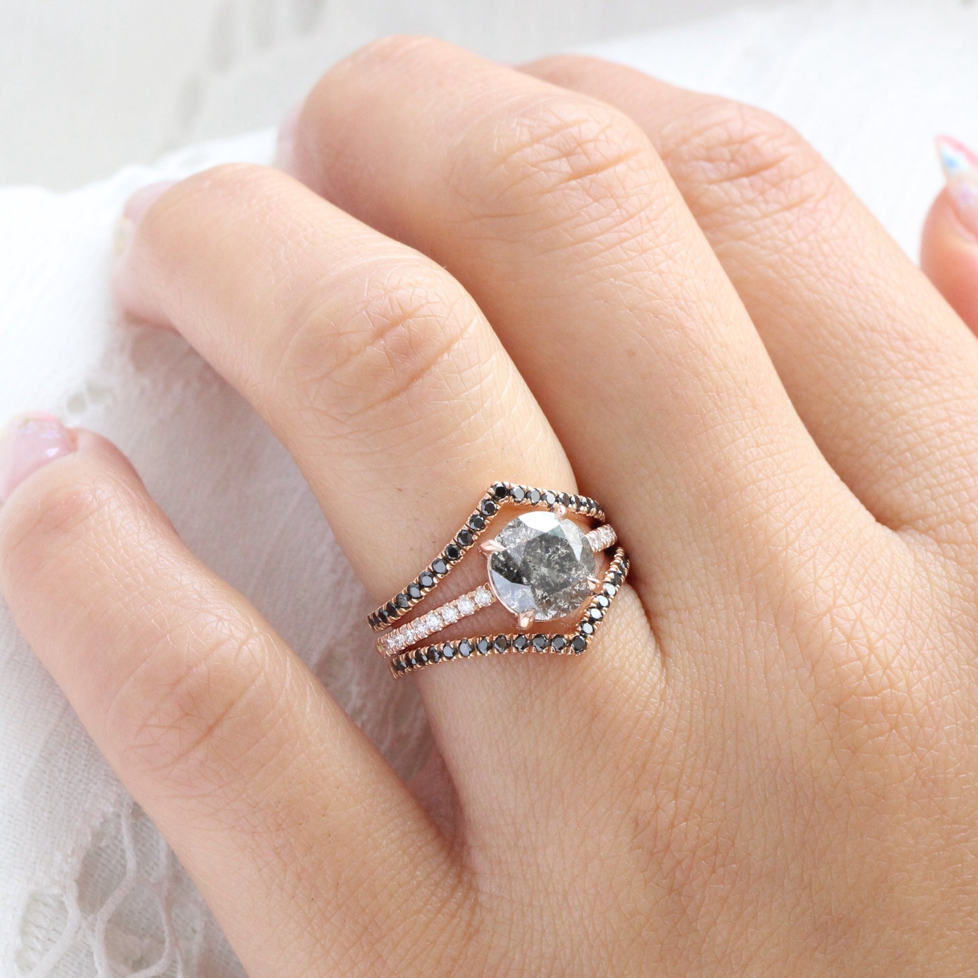 Large salt and pepper diamond ring rose gold solitaire grey diamond pave ring la more design jewelry