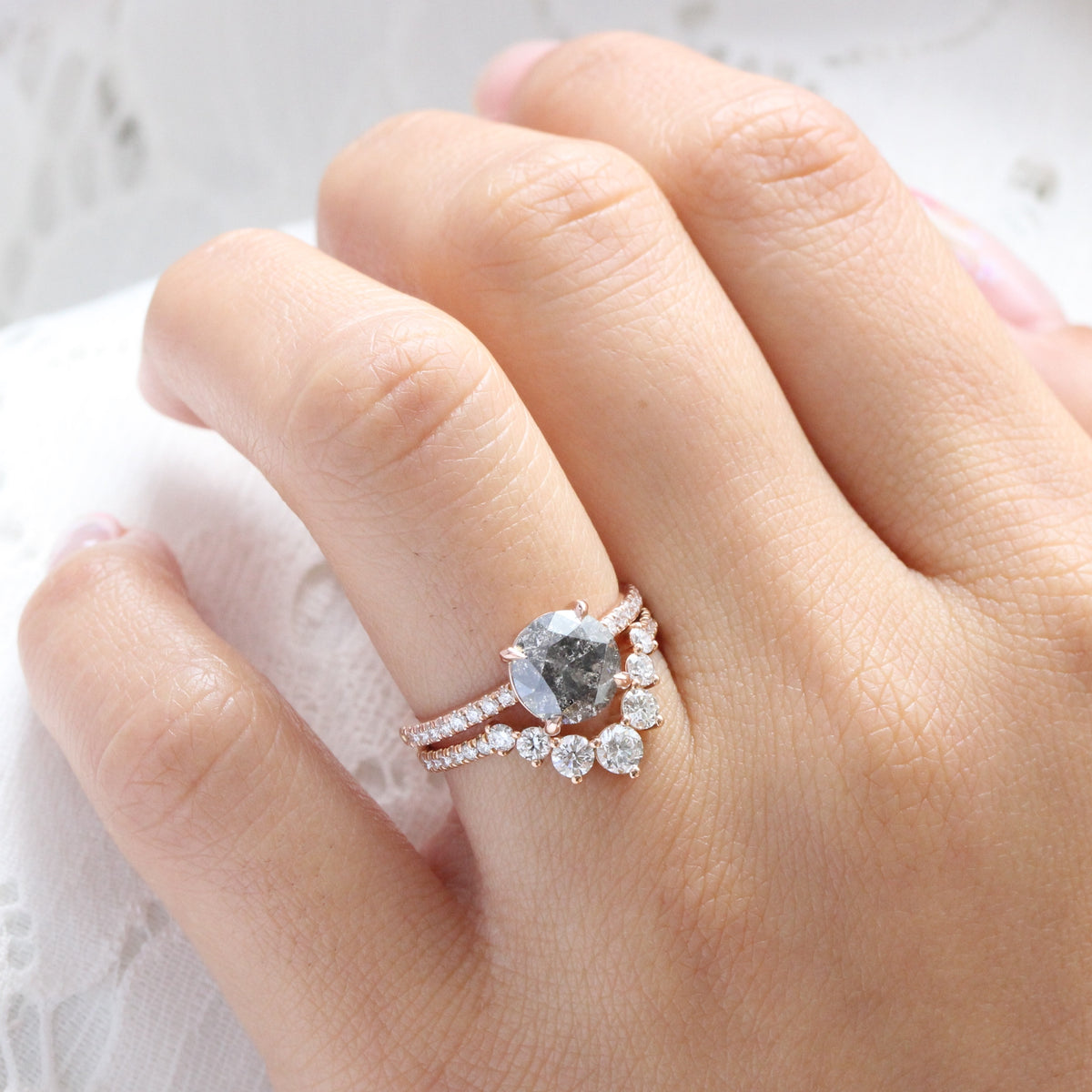 Belize Diamond Rings Large Salt and Pepper Diamond Ring 14k Rose Gold Solitaire Pave Band ...