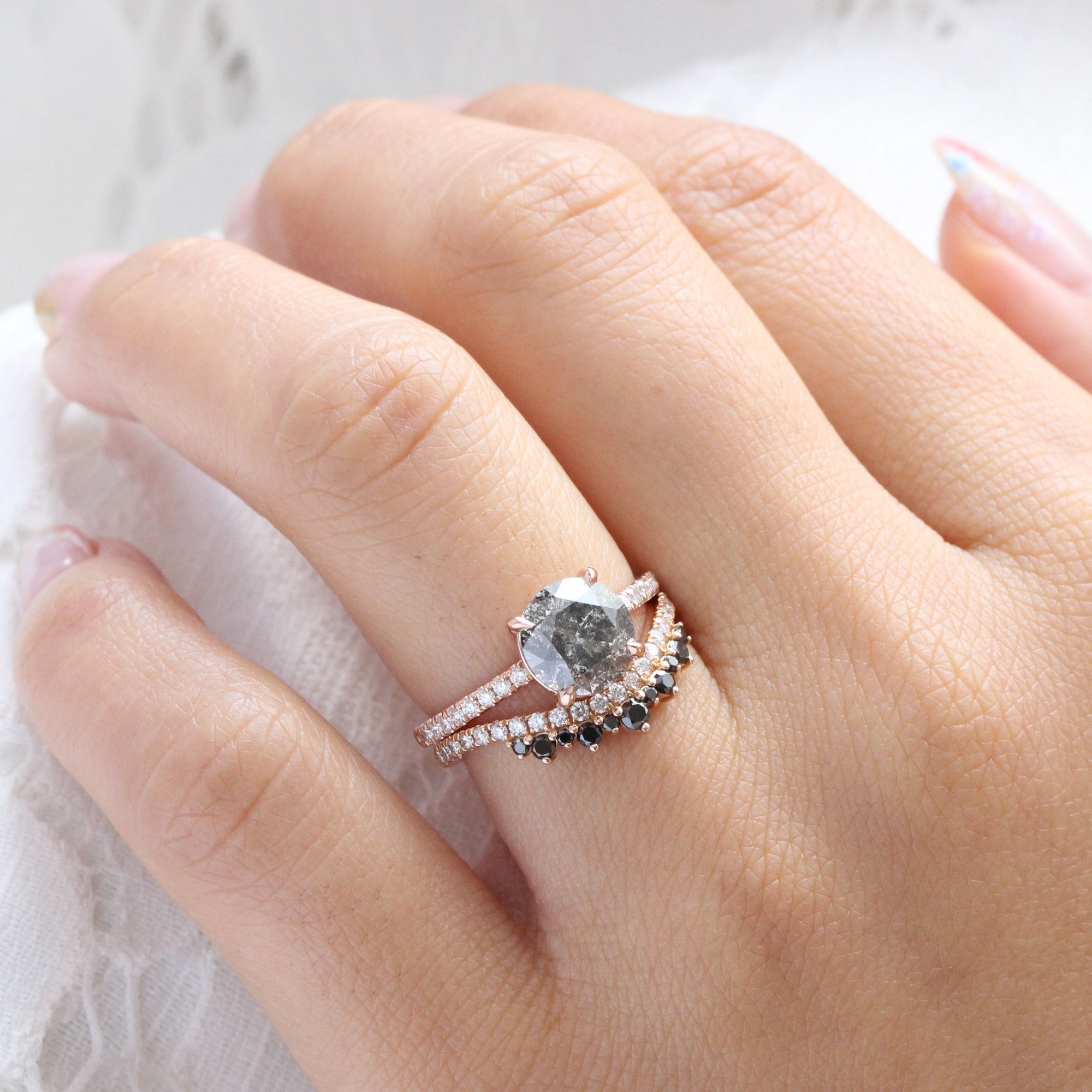 Large salt and pepper diamond ring rose gold solitaire grey diamond pave ring la more design jewelry