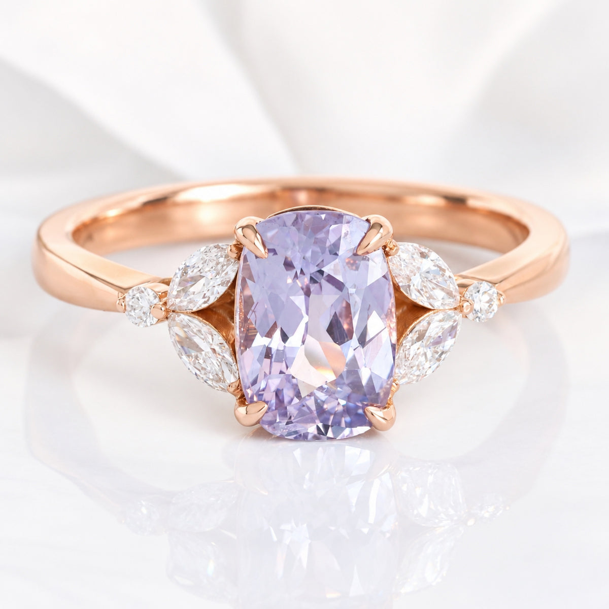 Lavender sapphire ring rose gold cushion sapphire diamond ring 3 stone band la more design jewelry