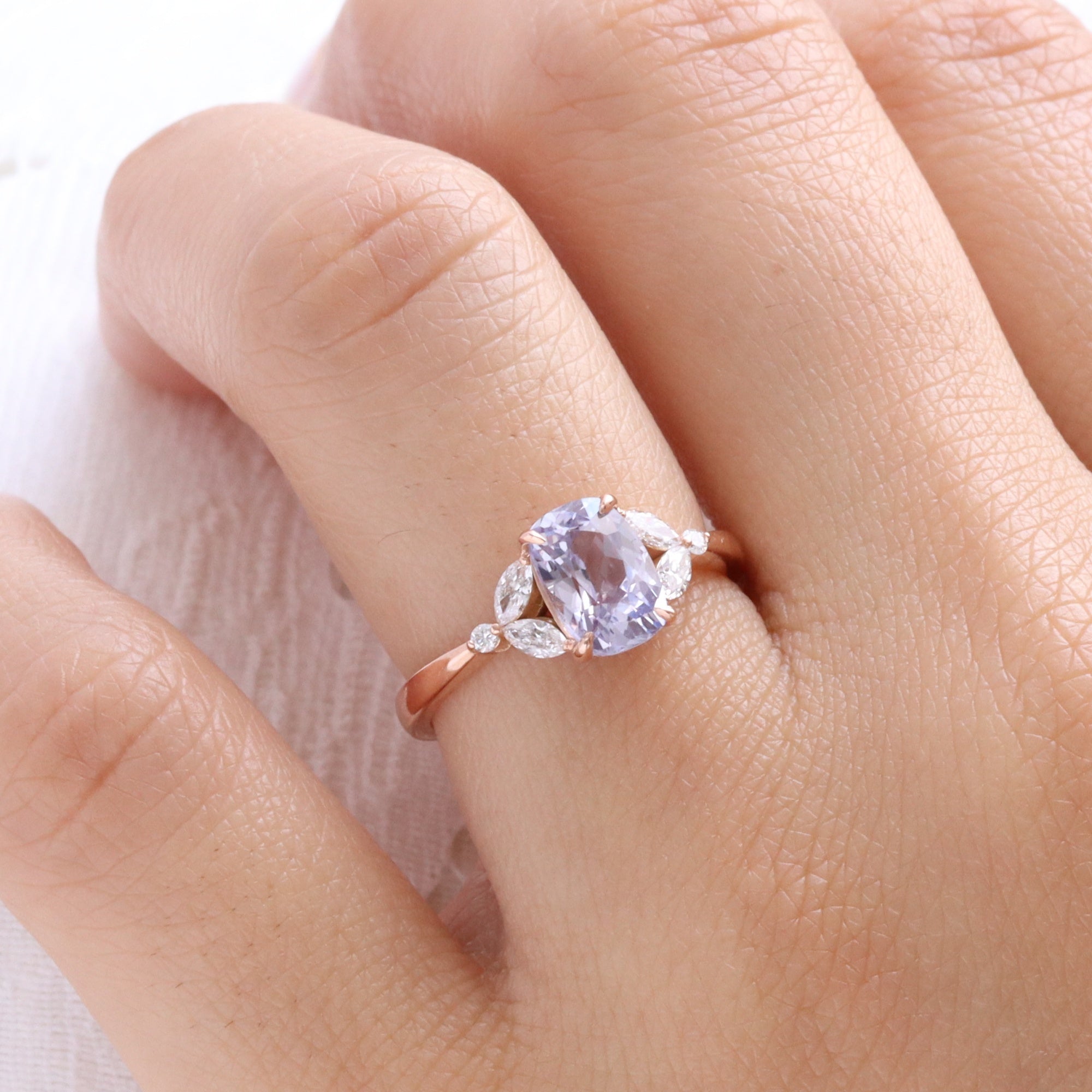 Elongated Cushion Lavender Sapphire Ring in 14k Rose Gold 3 Stone Diamond Band Sz 6.5