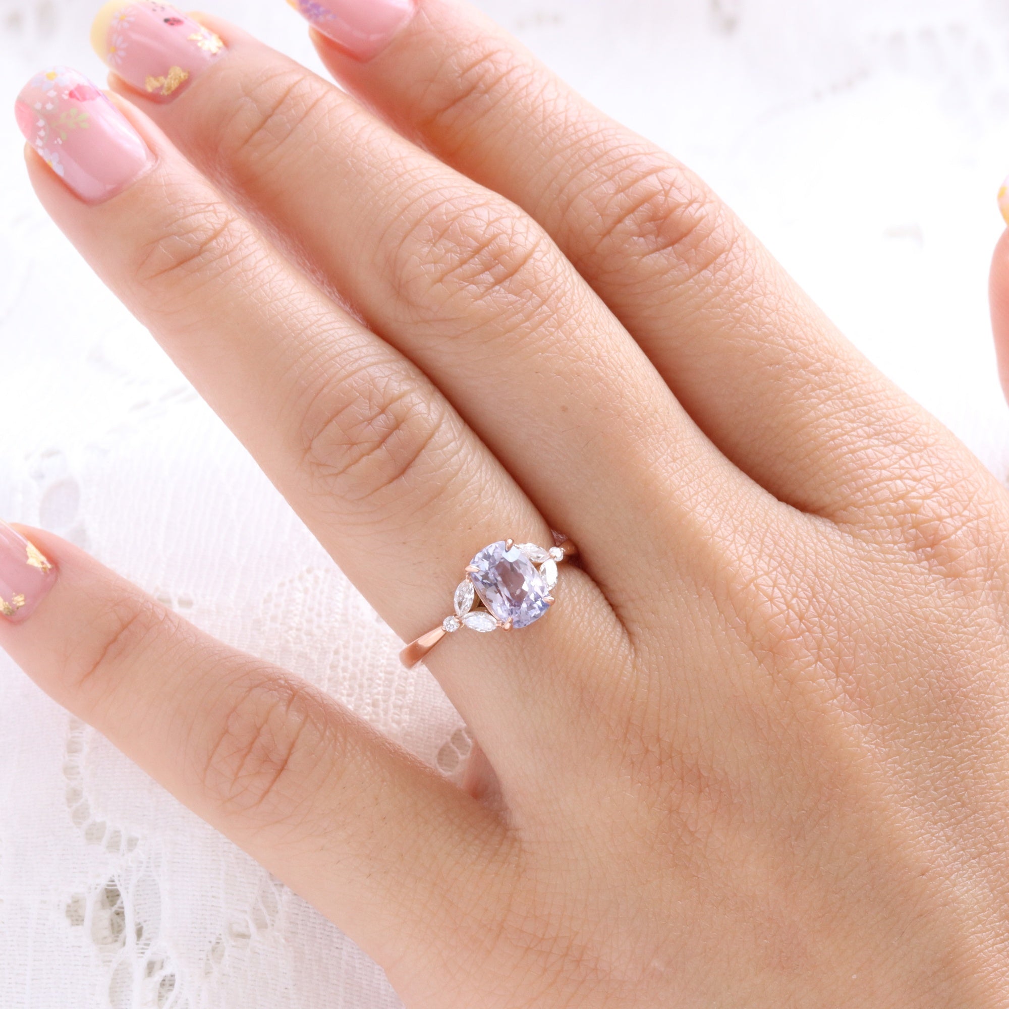 Elongated Cushion Lavender Sapphire Ring in 14k Rose Gold 3 Stone Diamond Band Sz 6.5