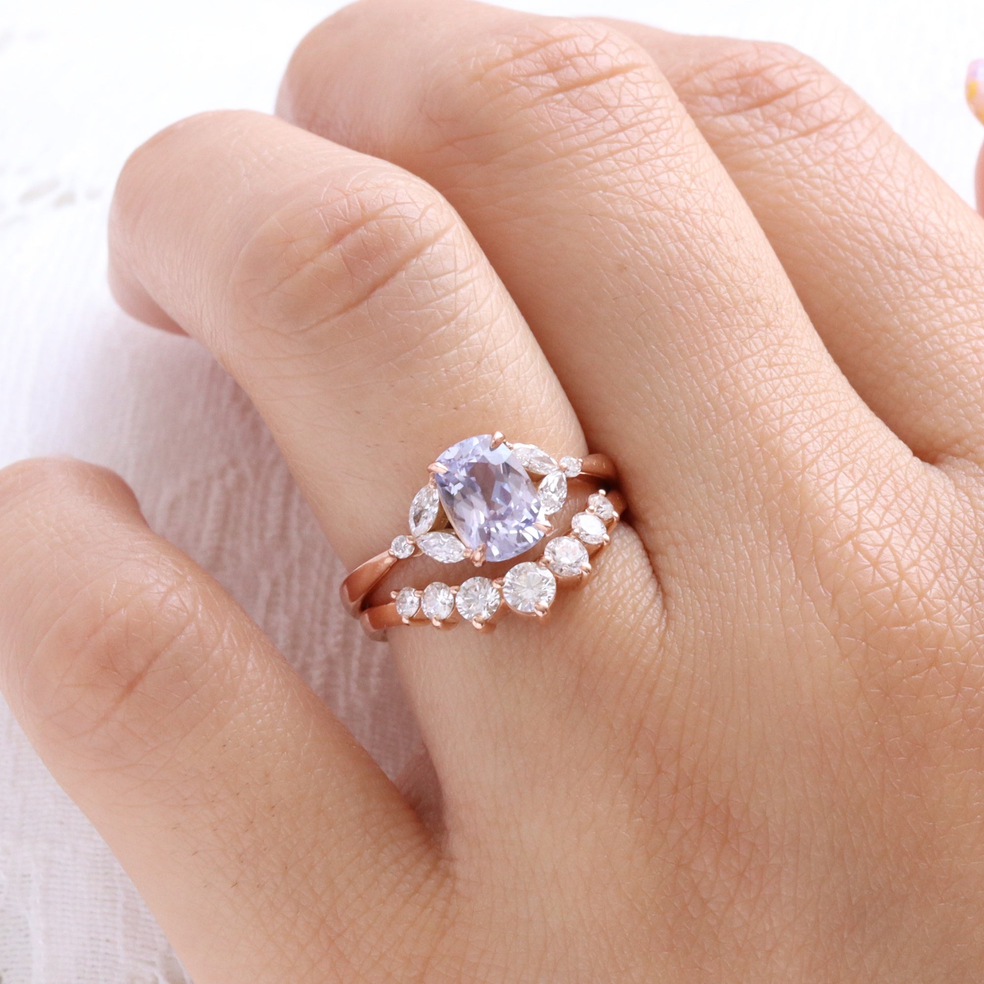 Elongated Cushion Lavender Sapphire Ring in 14k Rose Gold 3 Stone Diamond Band Sz 6.5