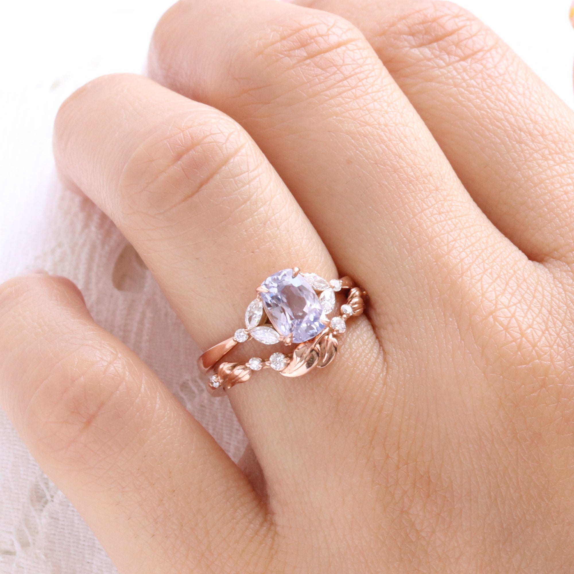 Lavender sapphire ring rose gold cushion sapphire diamond ring 3 stone band la more design jewelry
