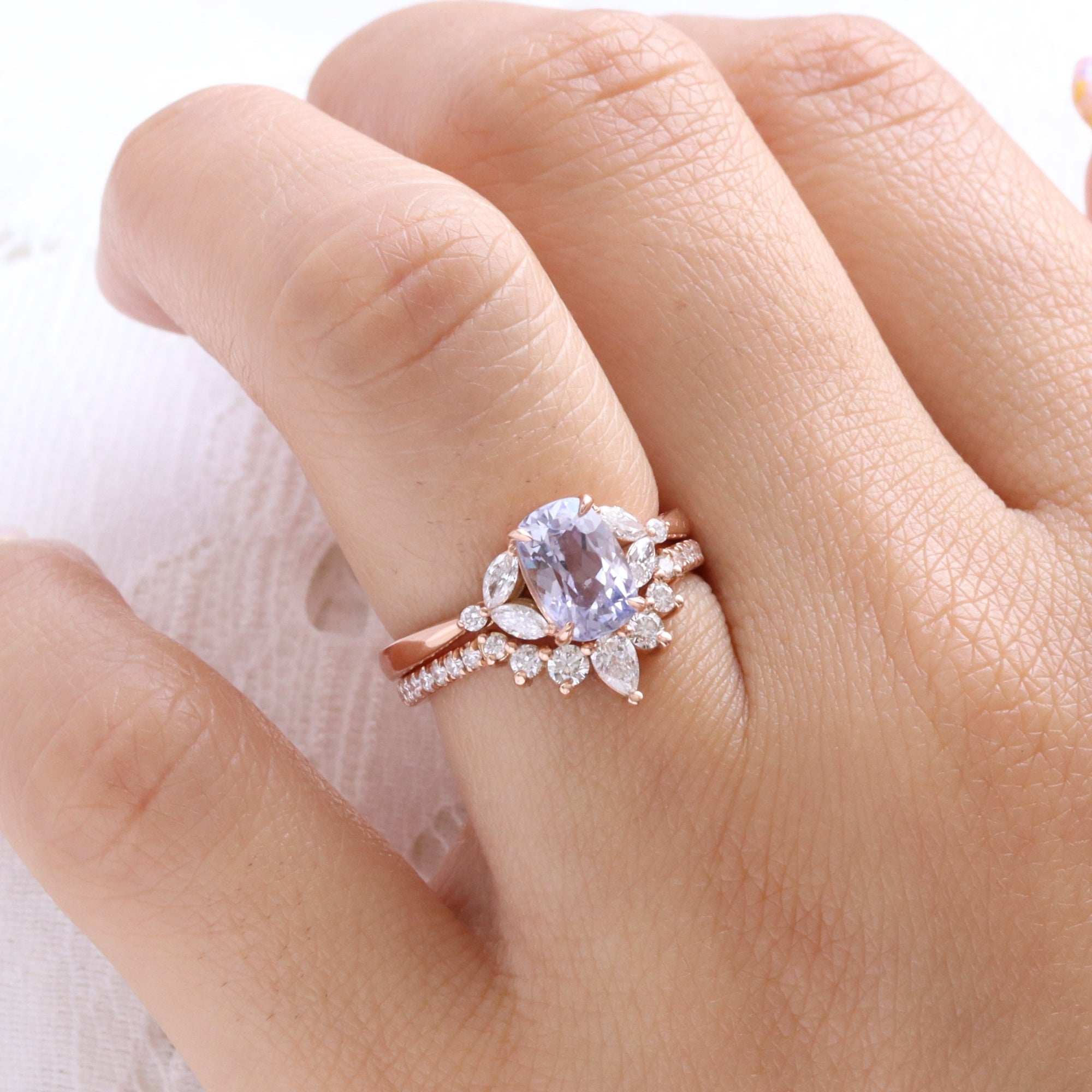 Lavender sapphire ring rose gold cushion sapphire diamond ring 3 stone band la more design jewelry