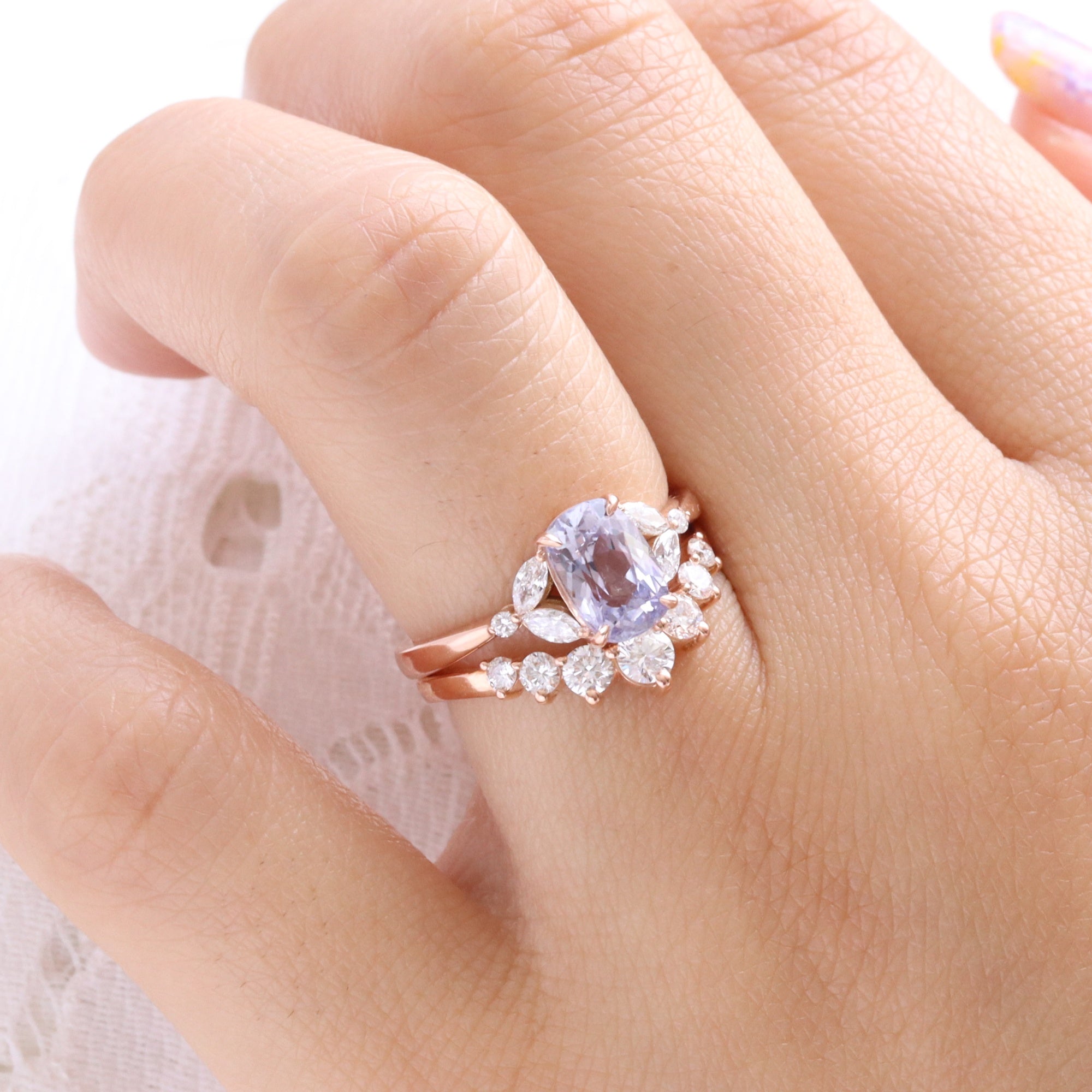 Lavender sapphire ring rose gold cushion sapphire diamond ring 3 stone band la more design jewelry
