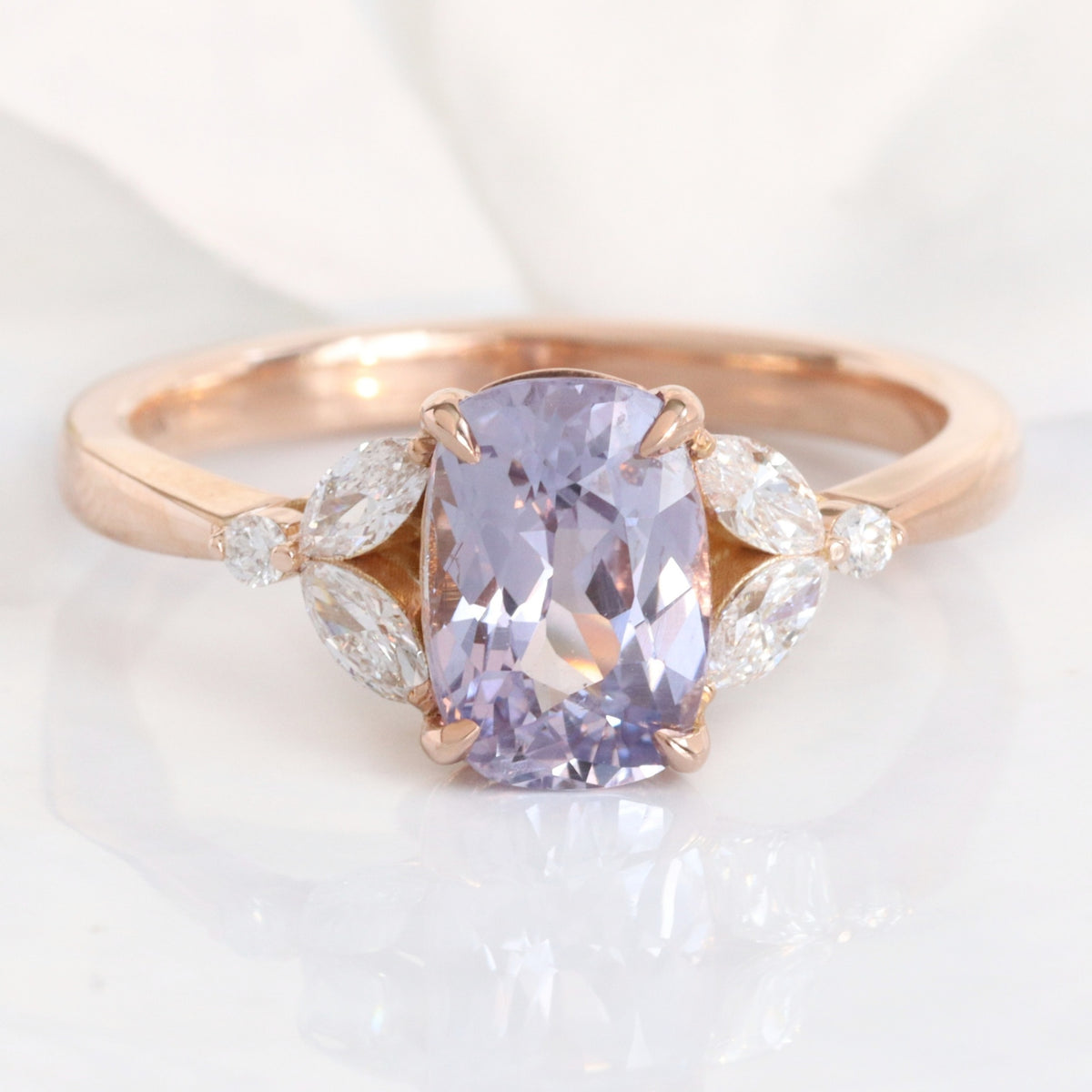 Lavender sapphire ring rose gold cushion sapphire diamond ring 3 stone band la more design jewelry