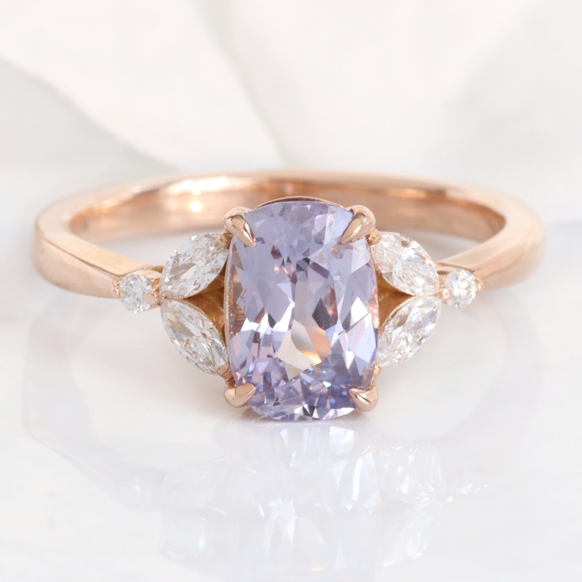 Lavender sapphire ring rose gold cushion sapphire diamond ring 3 stone band la more design jewelry