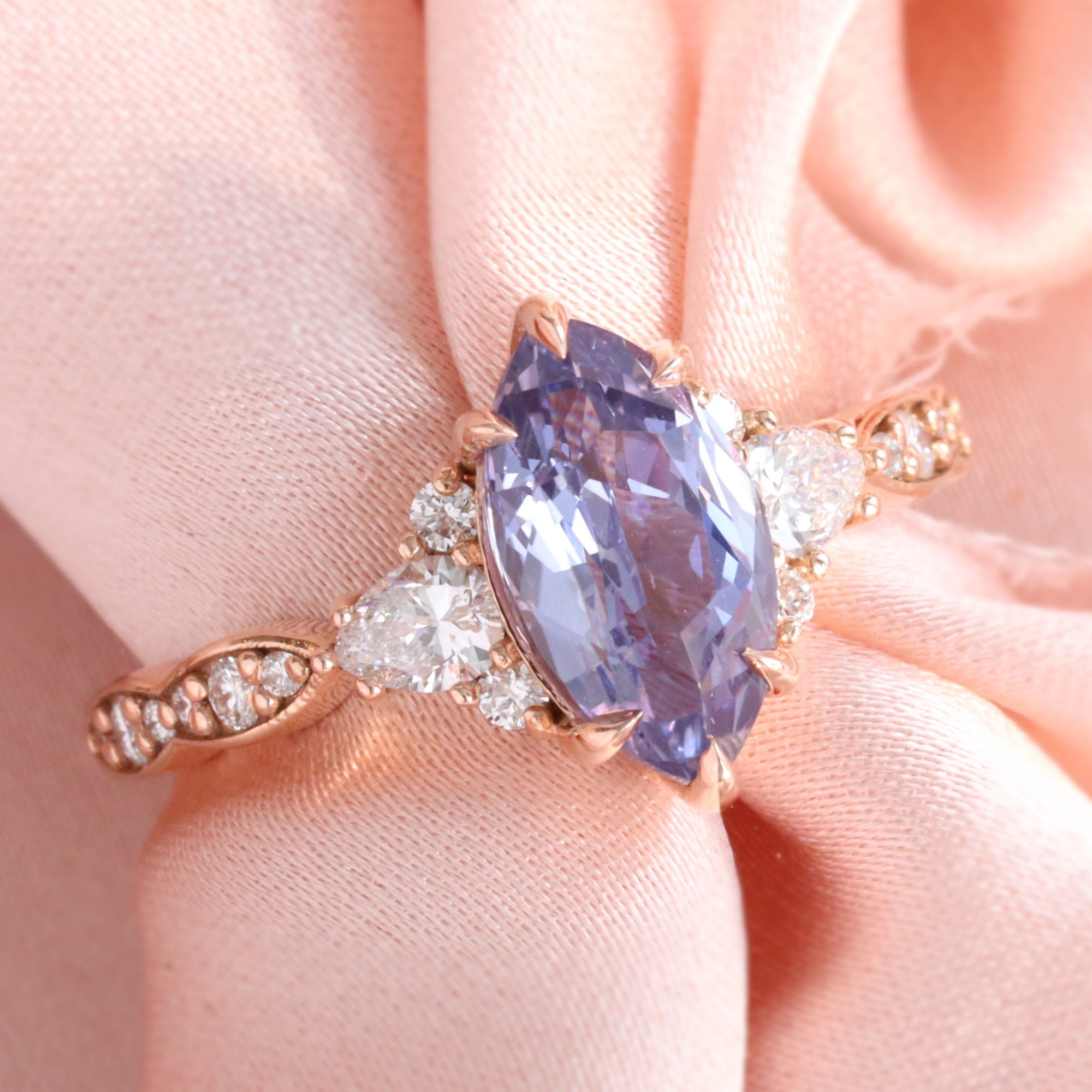 Marquise Lavender Purple Sapphire Ring Rose Gold 3 Stone Diamond Ring la more design jewelry