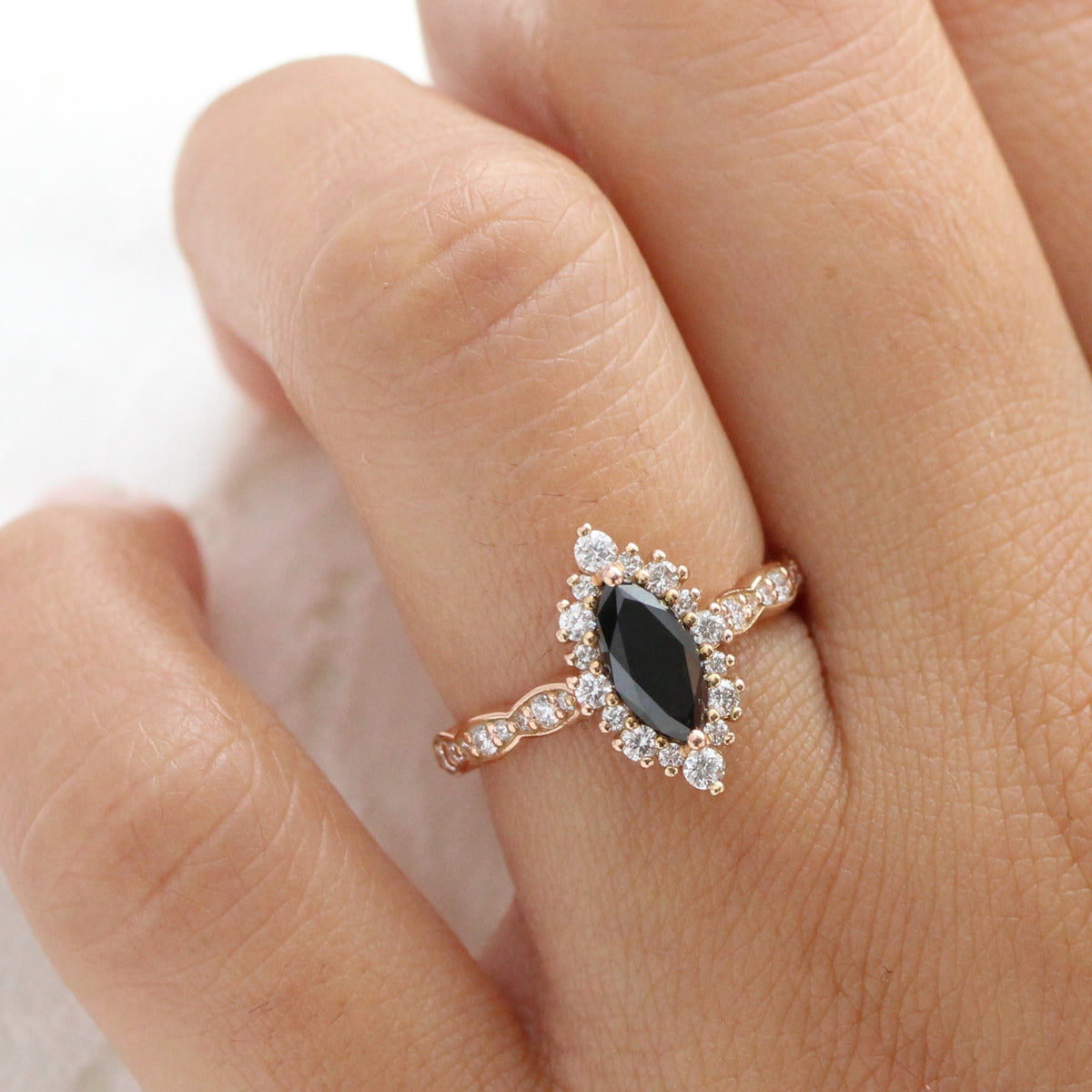 Unique marquise black diamond ring rose gold black halo diamond engagement ring la more design jewelry