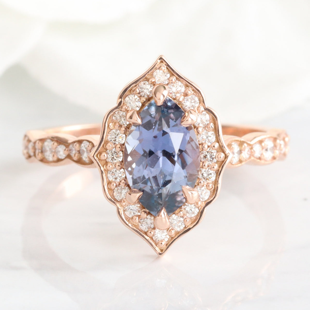 Marquise blue purple sapphire ring rose gold vintage halo diamond sapphire ring la more design jewelry