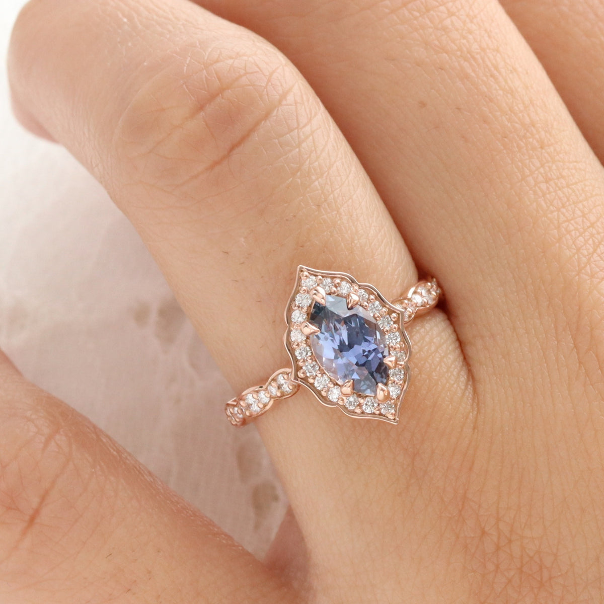 Marquise blue purple sapphire ring rose gold vintage halo diamond sapphire ring la more design jewelry