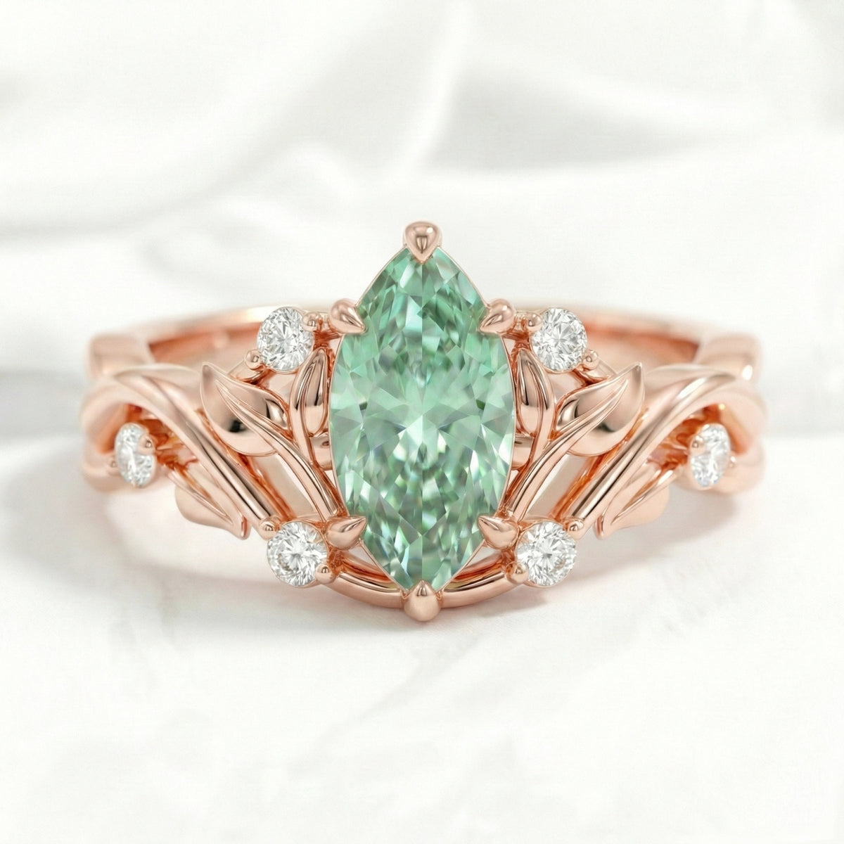 Marquise green sapphire engagement ring rose gold floral leaf diamond band la more design jewelry