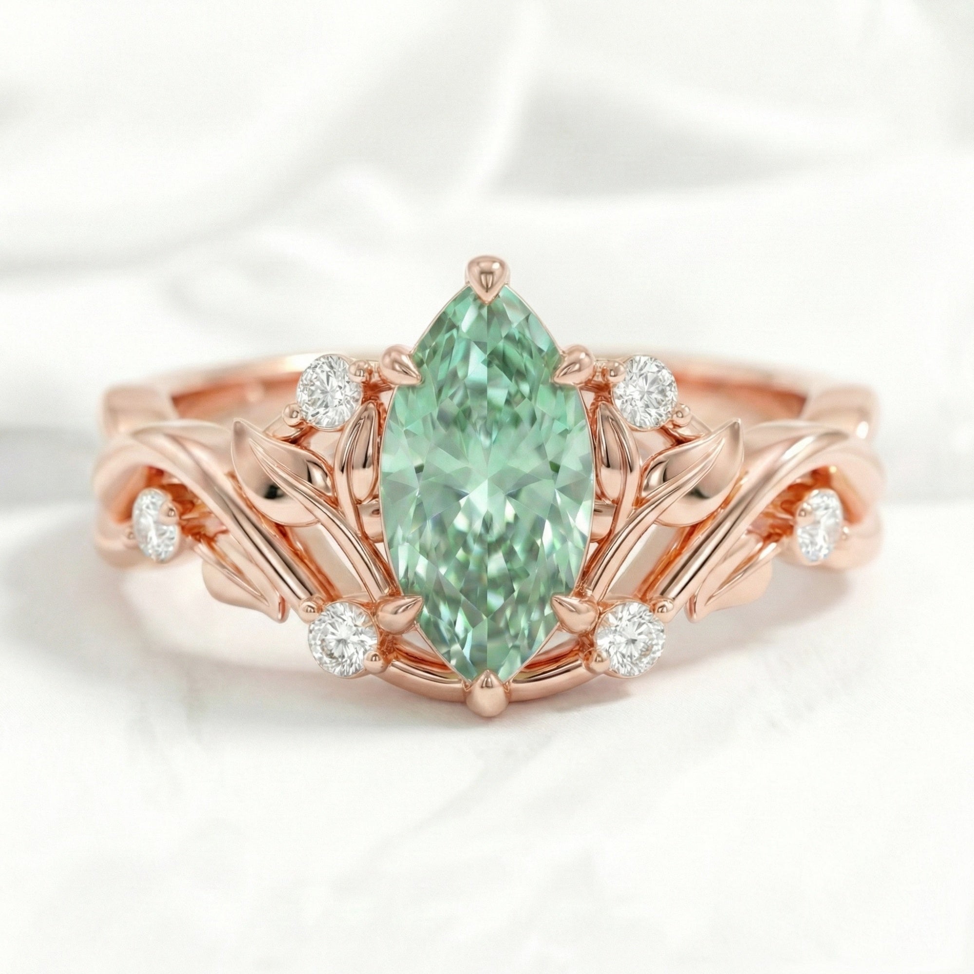 Marquise green sapphire engagement ring rose gold floral leaf diamond band la more design jewelry