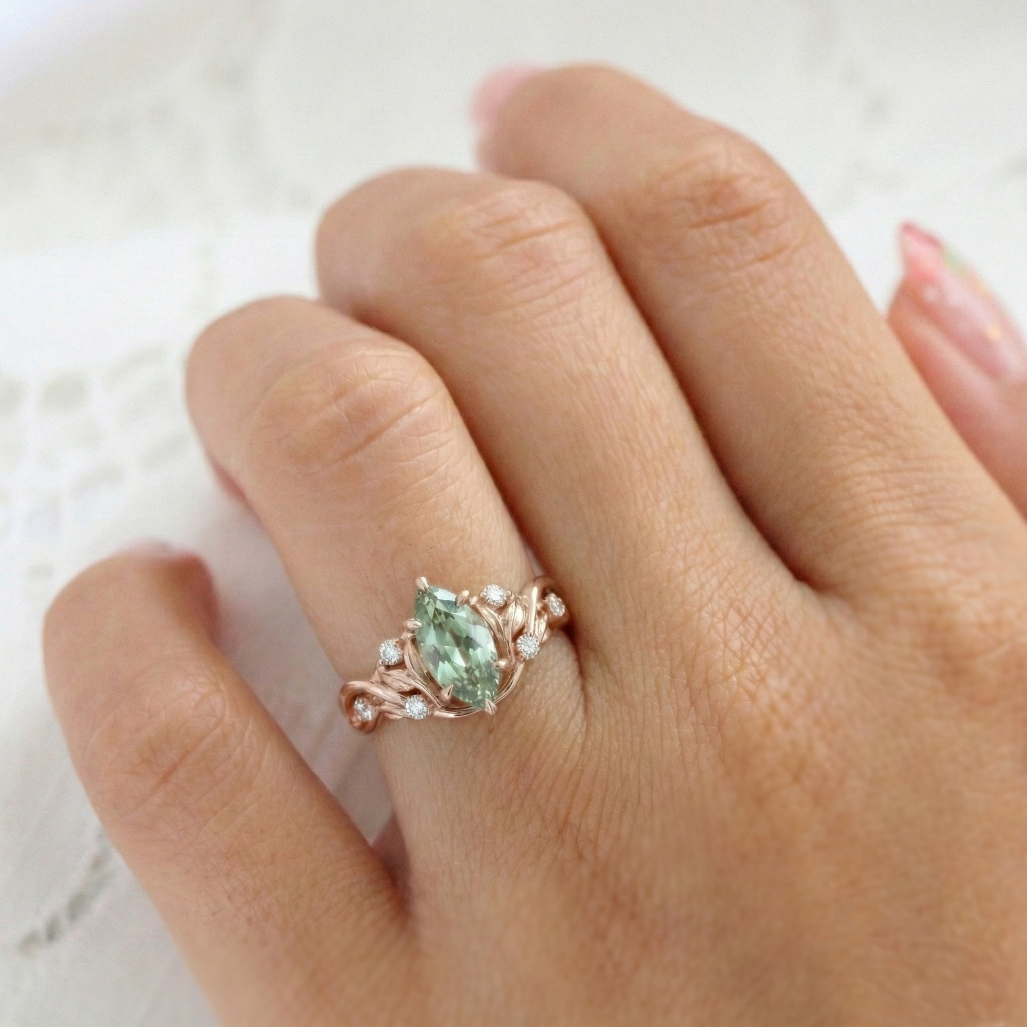 Marquise green sapphire engagement ring rose gold floral leaf diamond band la more design jewelry