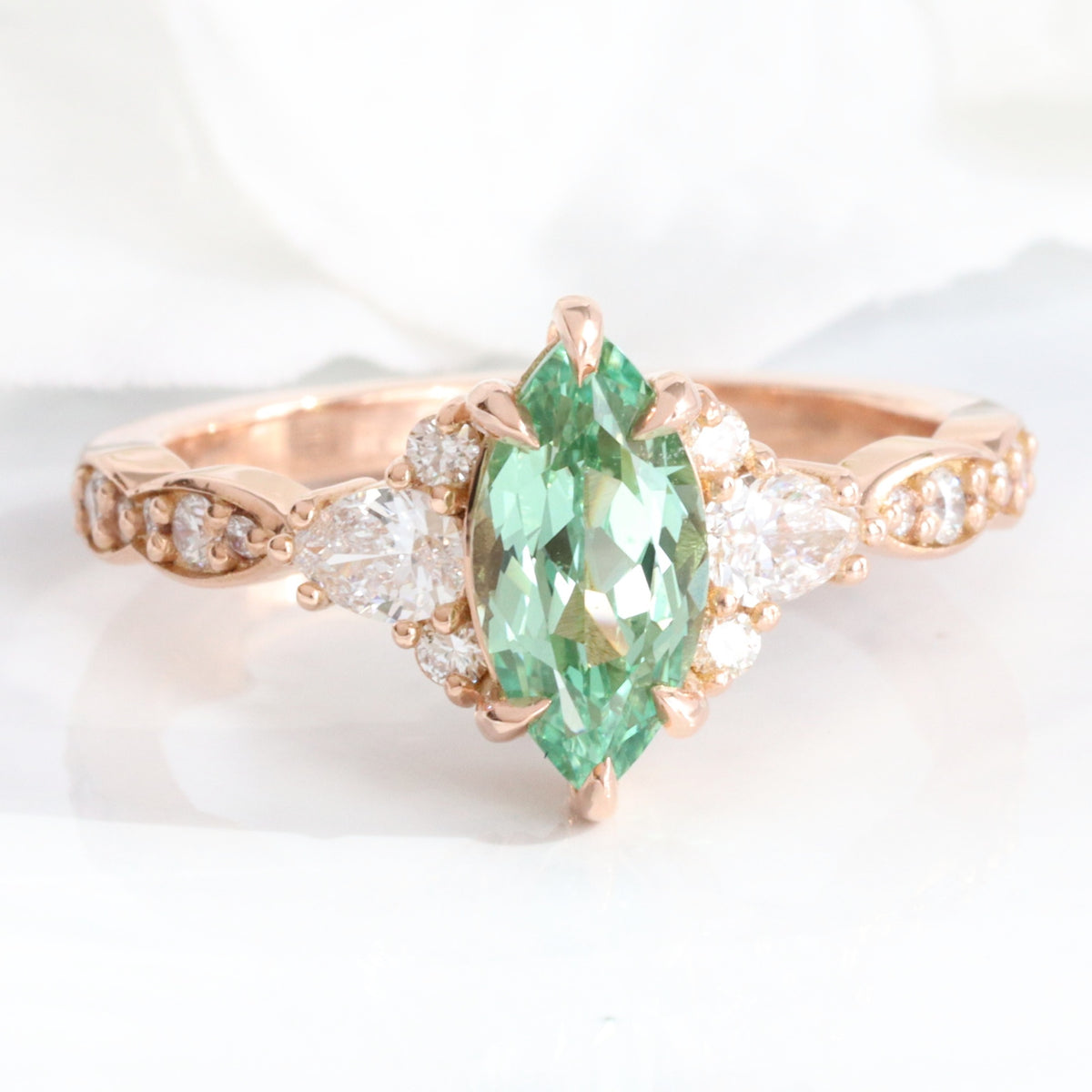 Marquise green sapphire ring green sapphire diamond 3 stone ring Mint green sapphire cluster ring la more design jewelry

