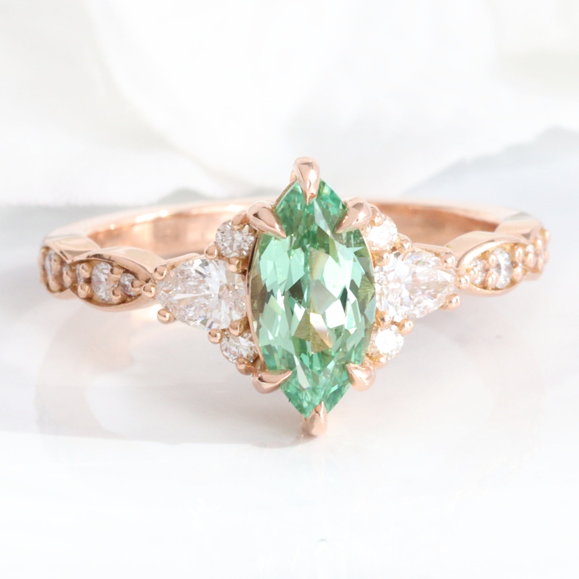 1.90 Ct. Marquise Green Sapphire Ring in 14k Rose Gold 3 Stone Diamond Band, Size 6.5