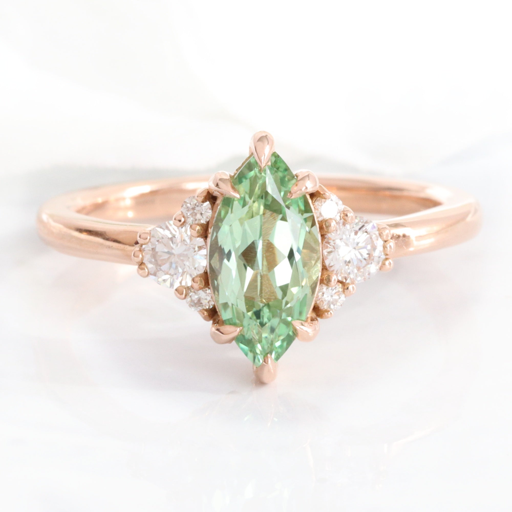 Marquise green sapphire ring rose gold green sapphire diamond 3 stone ring Mint green sapphire cluster ring la more design jewelry