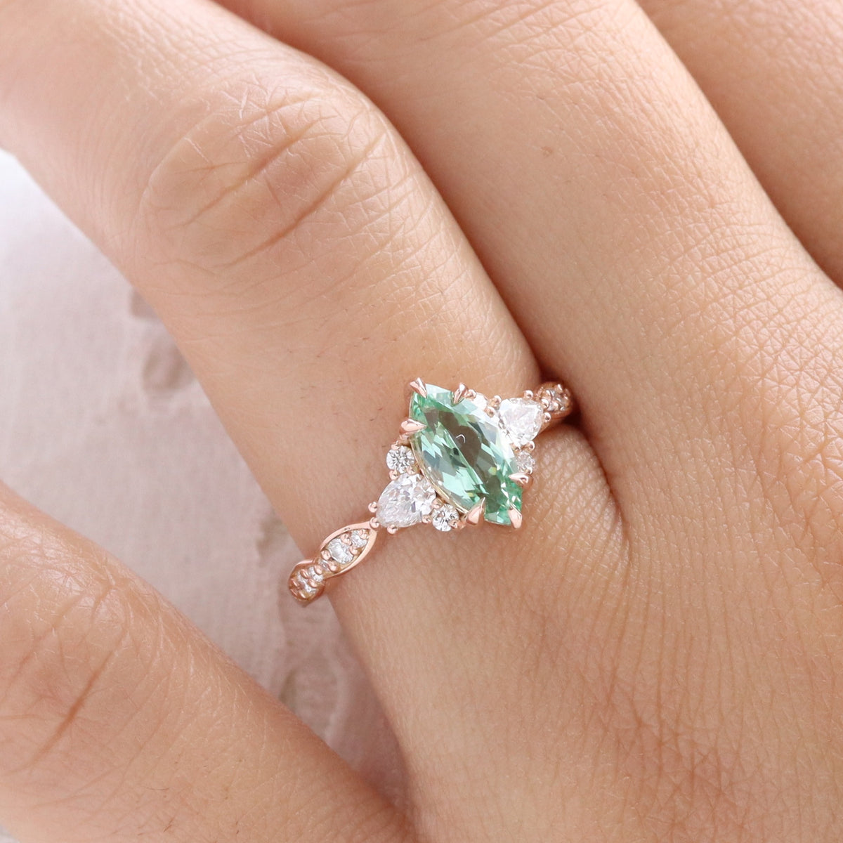 Marquise green sapphire ring green sapphire diamond 3 stone ring Mint green sapphire cluster ring la more design jewelry