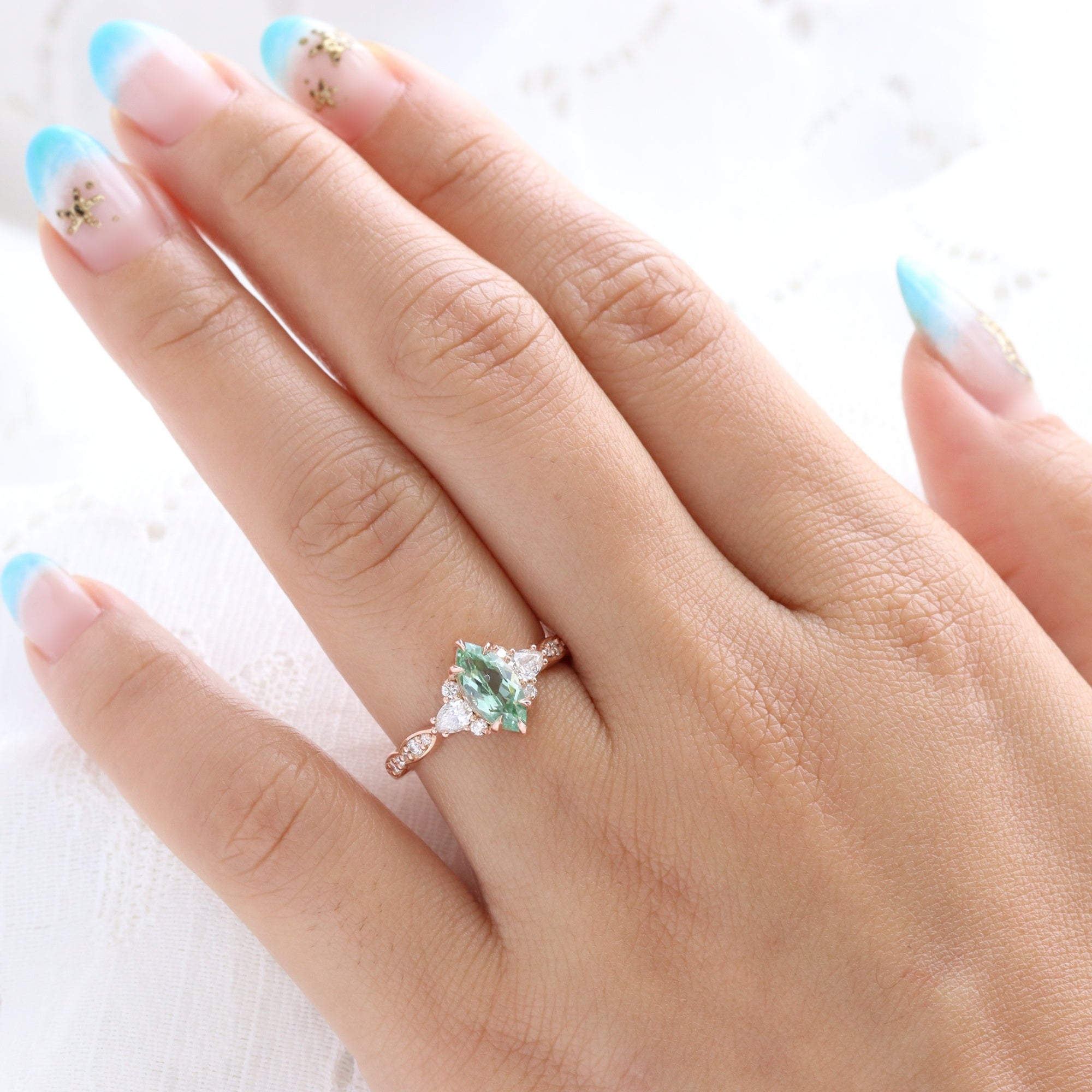 1.90 Ct. Marquise Green Sapphire Ring in 14k Rose Gold 3 Stone Diamond Band, Size 6.5