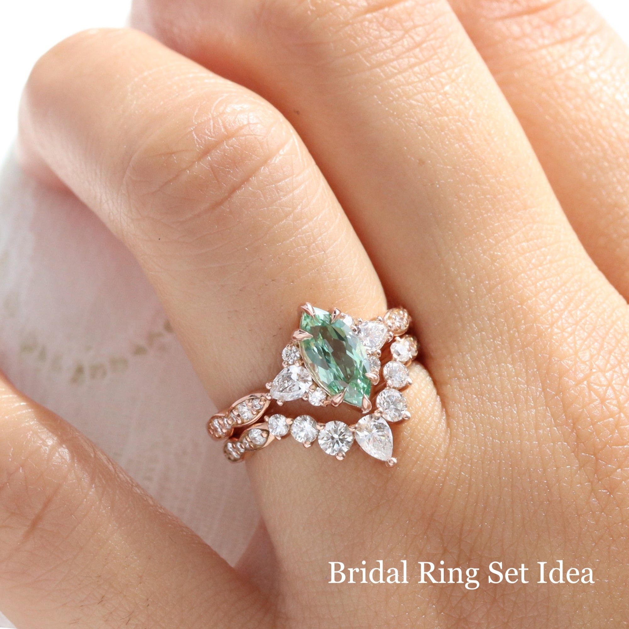 1.90 Ct. Marquise Green Sapphire Ring in 14k Rose Gold 3 Stone Diamond Band, Size 6.5