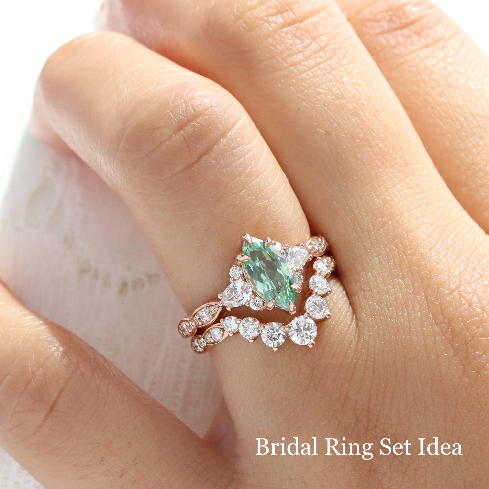 1.90 Ct. Marquise Green Sapphire Ring in 14k Rose Gold 3 Stone Diamond Band, Size 6.5