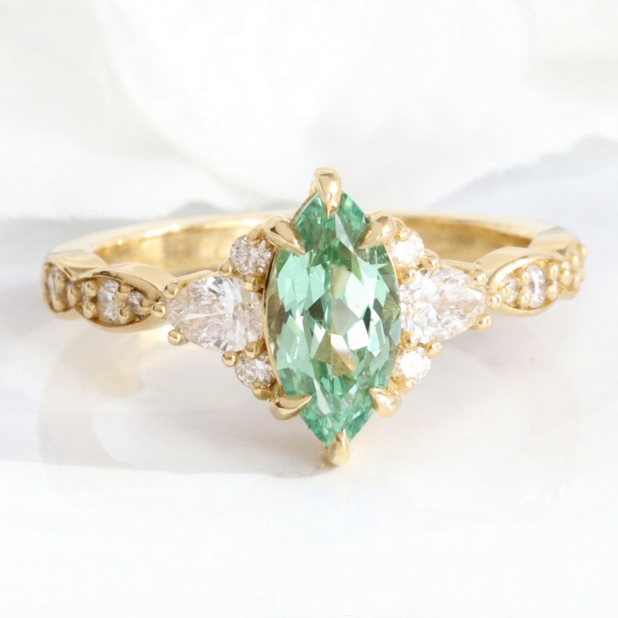 Marquise green sapphire ring yellow gold green sapphire diamond 3 stone ring Mint green sapphire cluster ring la more design jewelry