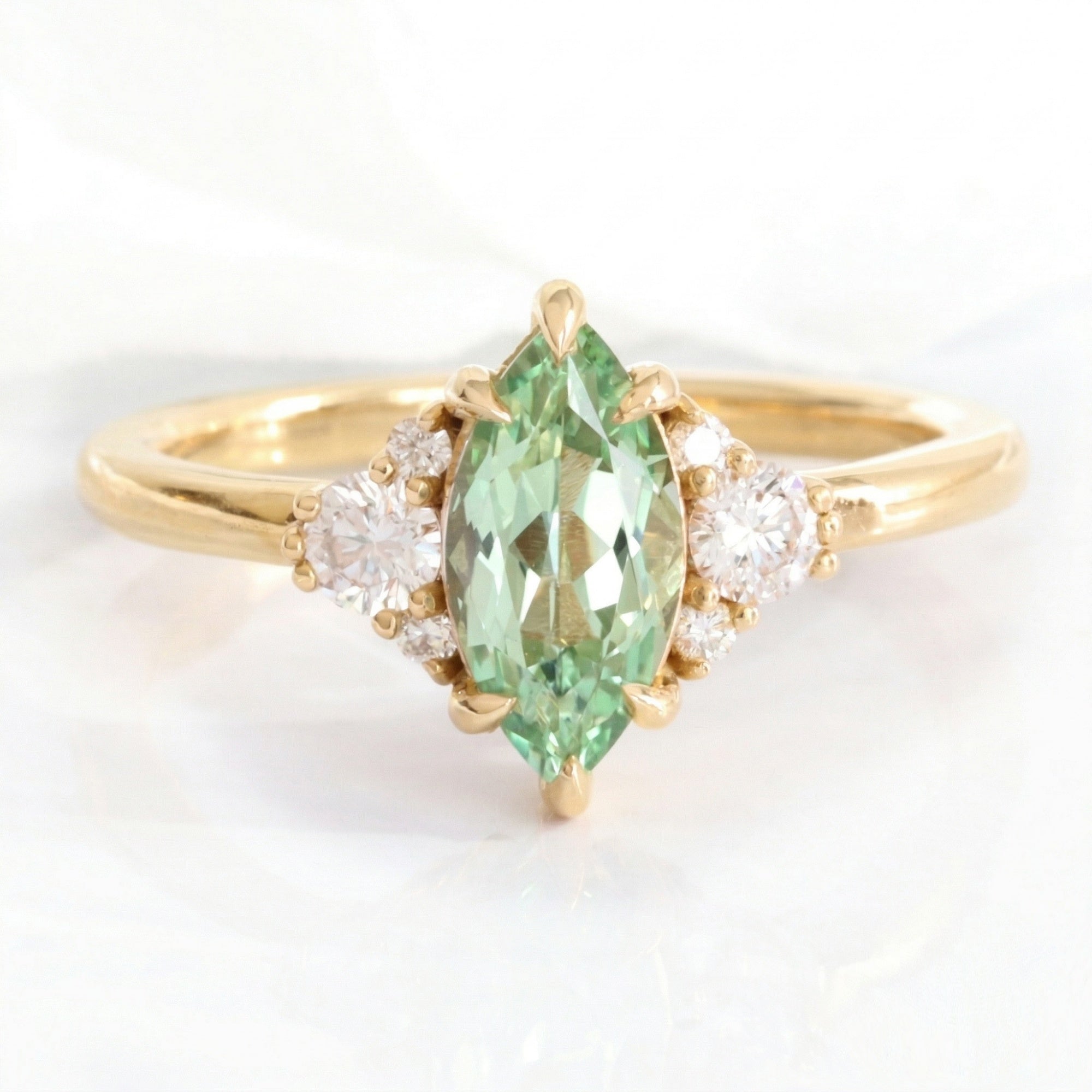 Marquise green sapphire ring yellow gold green sapphire diamond 3 stone ring Mint green sapphire cluster ring la more design jewelry