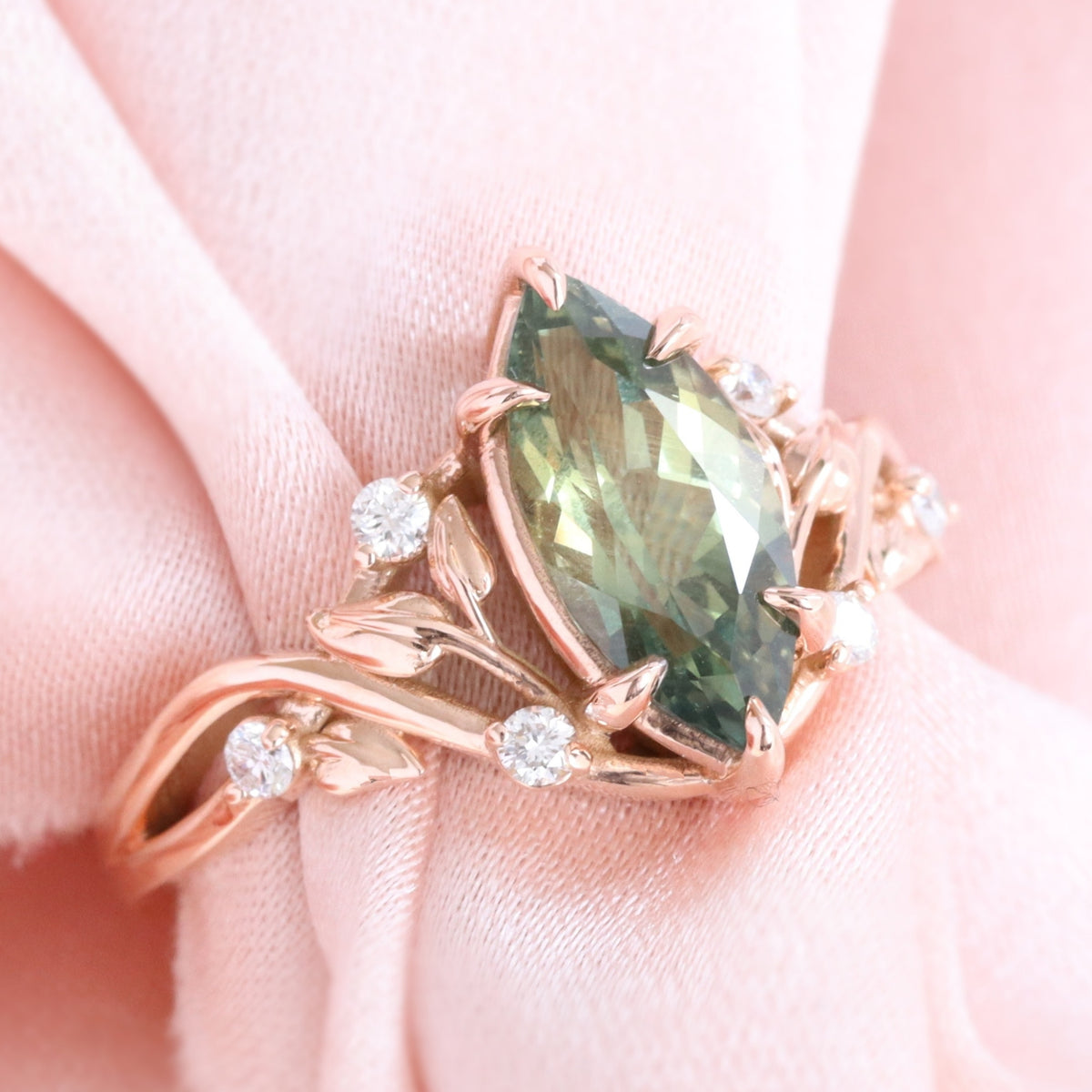 Marquise cut parti green sapphire ring rose gold floral leaf diamond sapphire solitaire ring la more design jewelry