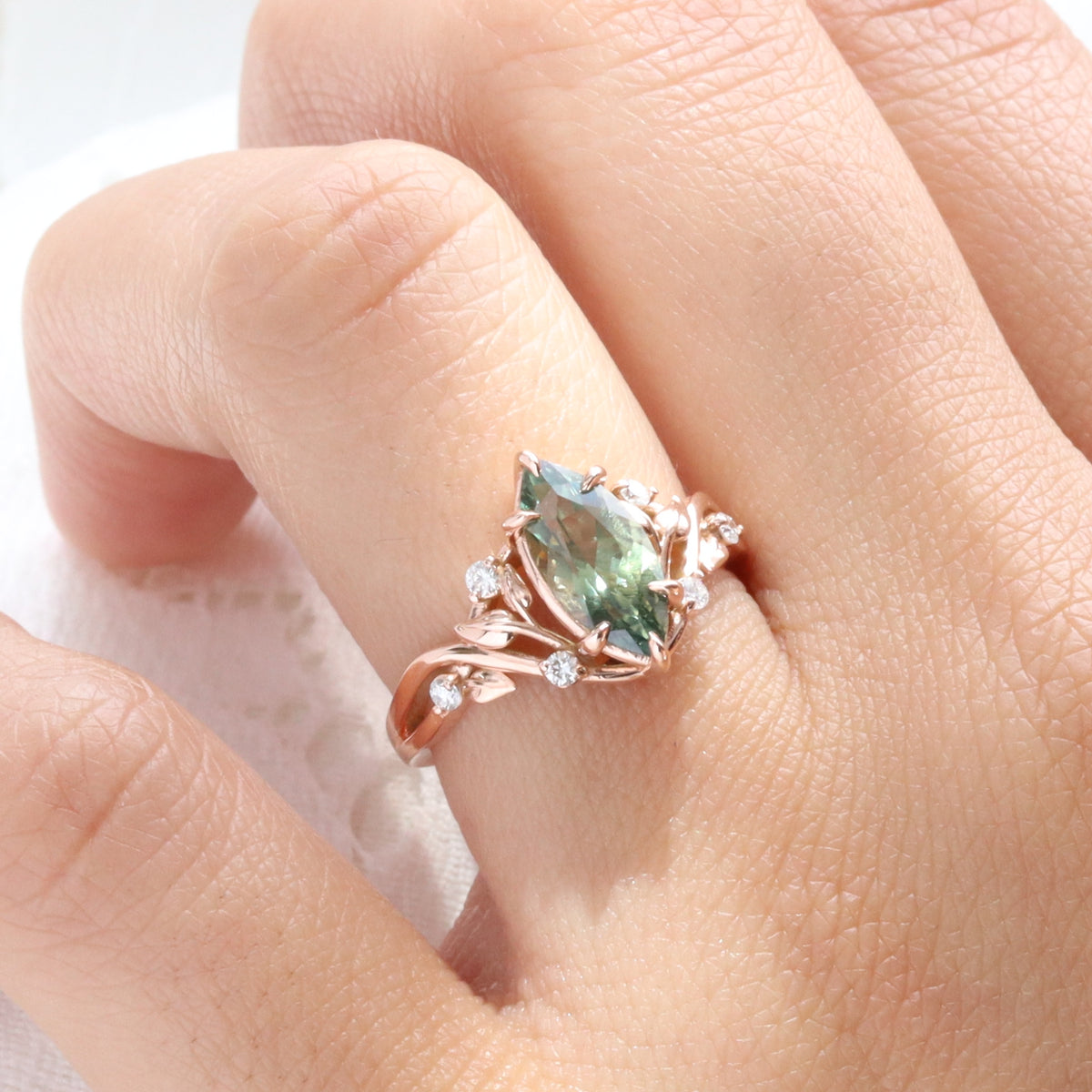 Marquise cut parti green sapphire ring rose gold floral leaf diamond sapphire solitaire ring la more design jewelry