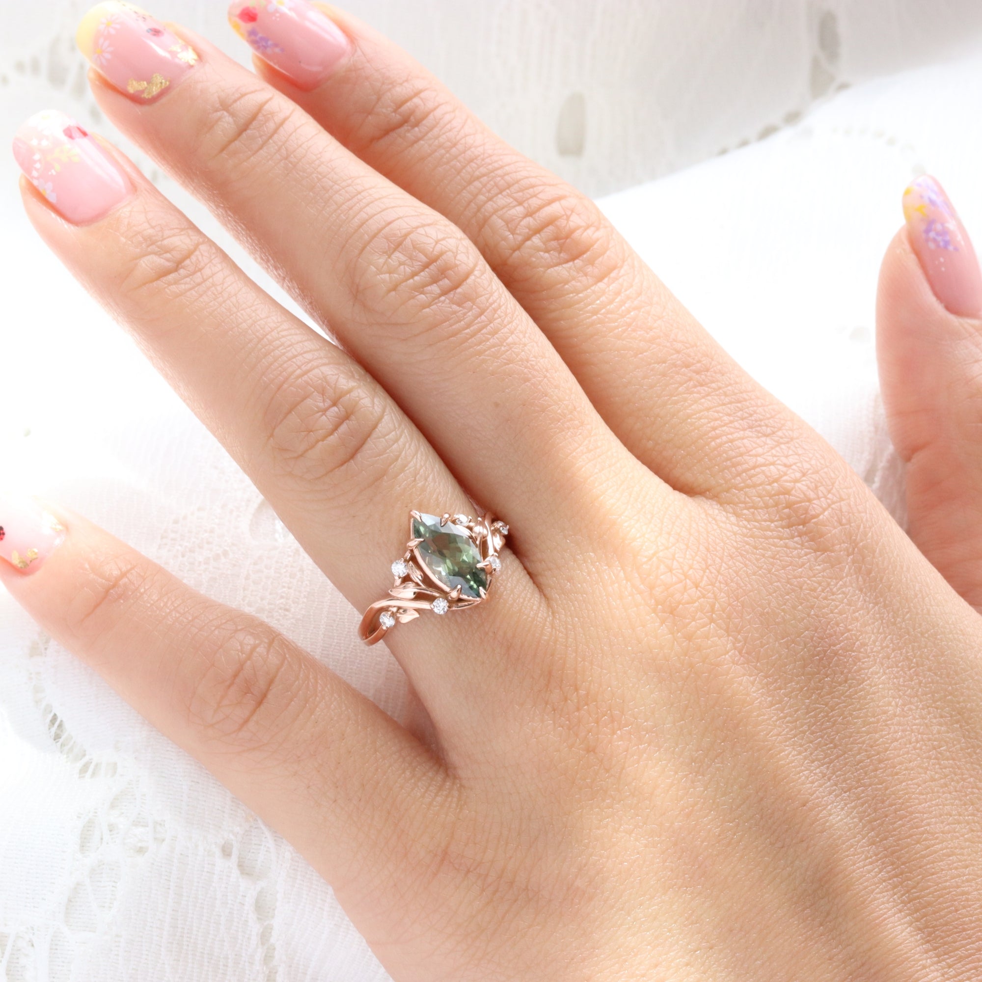 Marquise cut parti green sapphire ring rose gold floral leaf diamond sapphire solitaire ring la more design jewelry