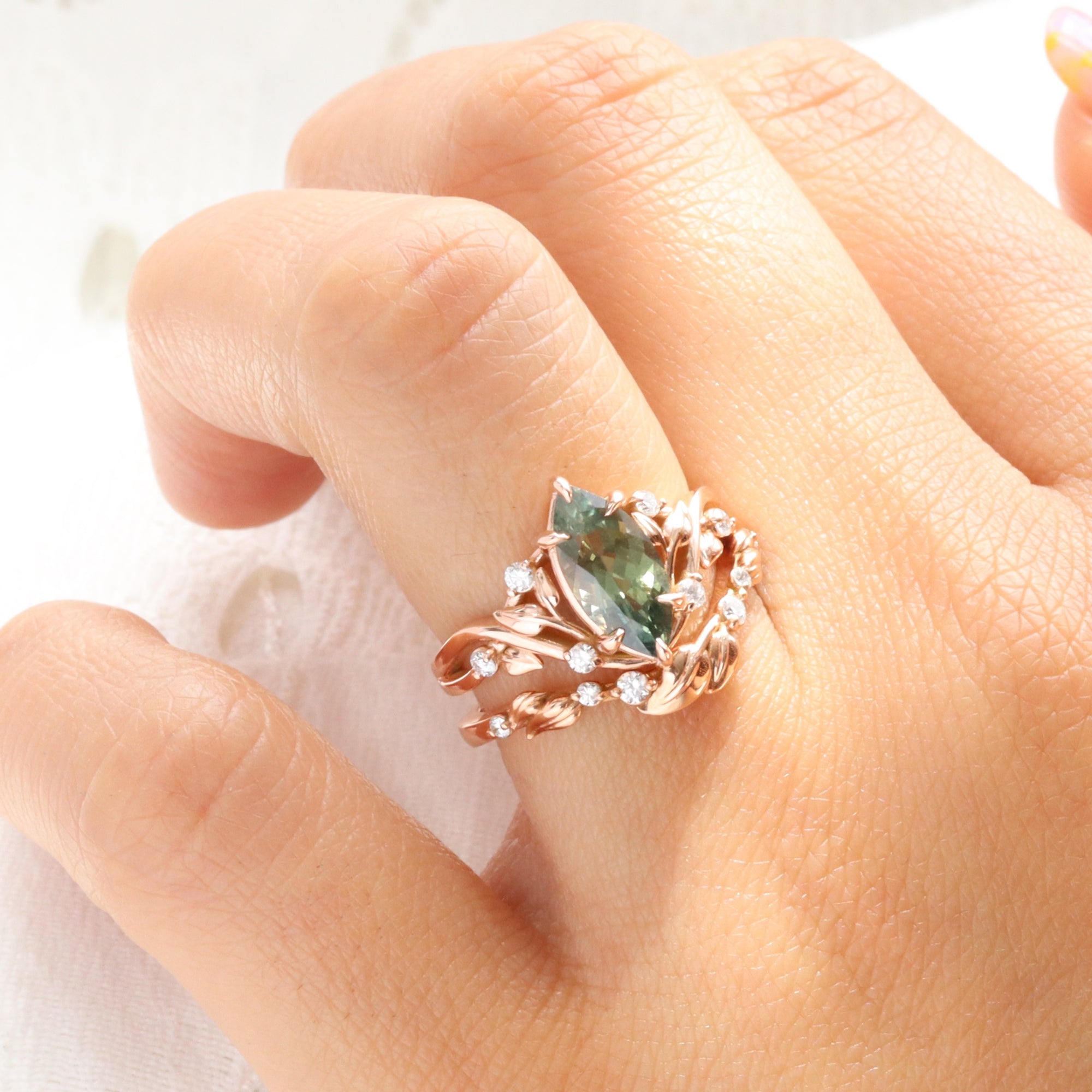 Marquise cut parti green sapphire ring rose gold floral leaf diamond sapphire solitaire ring la more design jewelry