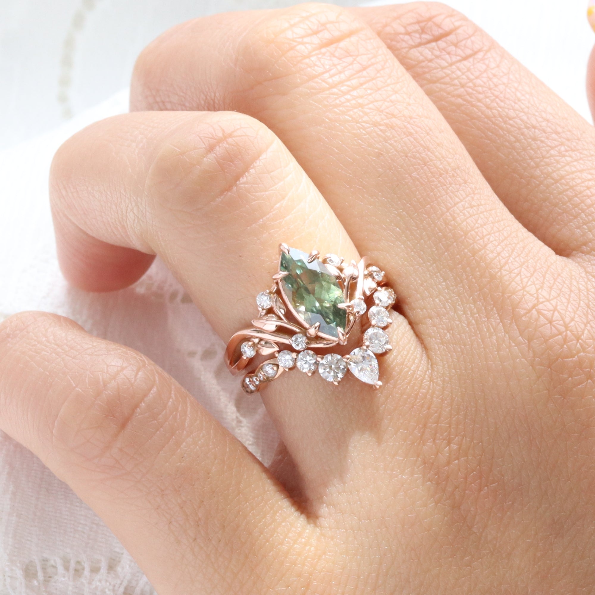 Marquise cut parti green sapphire ring rose gold floral leaf diamond sapphire solitaire ring la more design jewelry