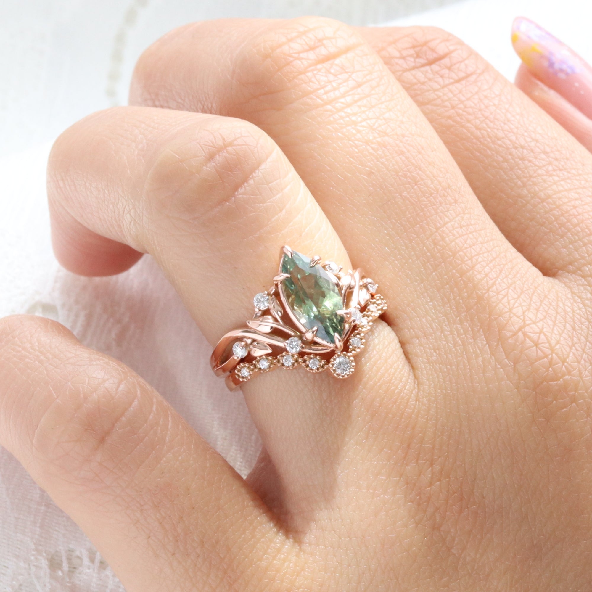 Marquise cut parti green sapphire ring rose gold floral leaf diamond sapphire solitaire ring la more design jewelry