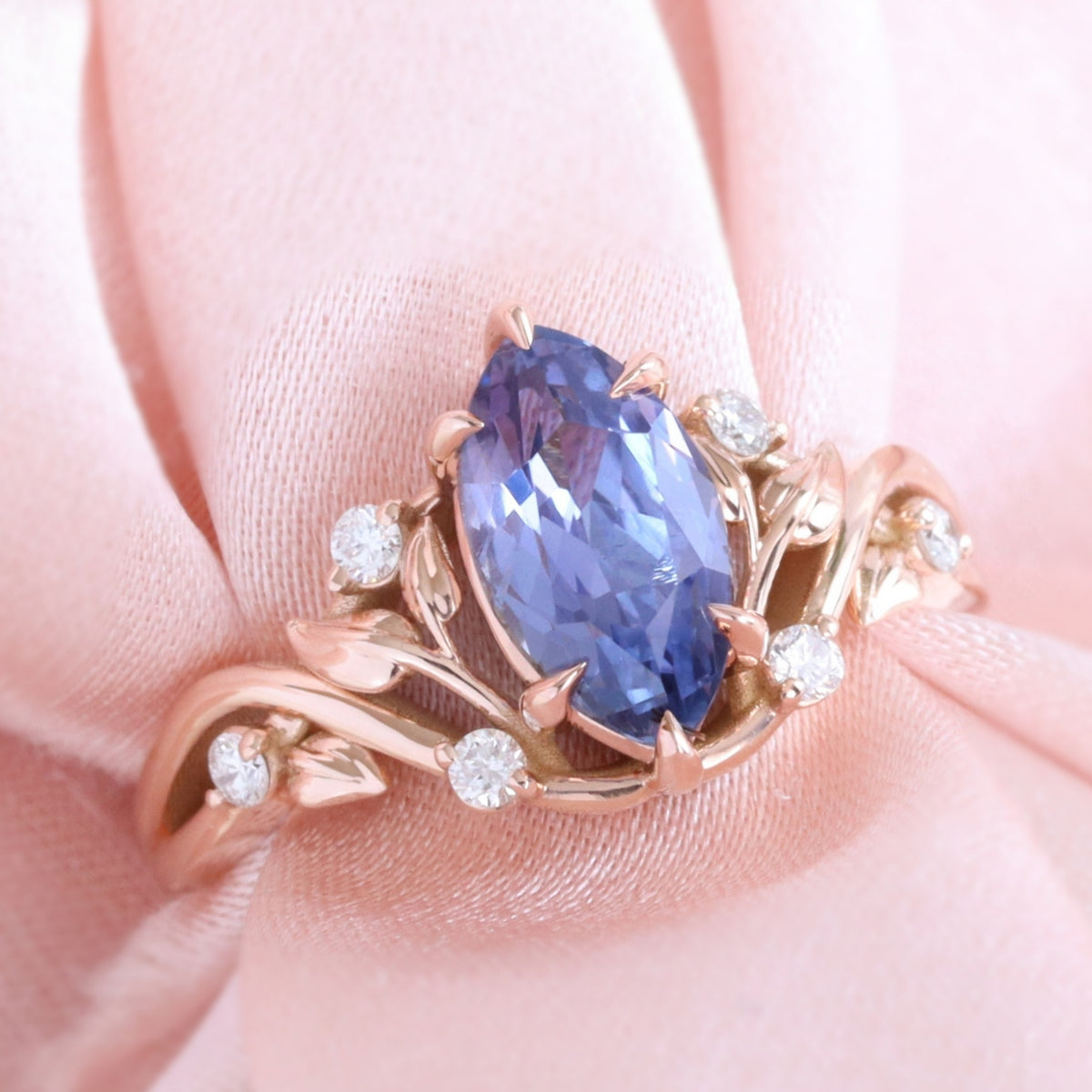 Marquise lavender purple sapphire ring rose gold floral leaf diamond sapphire solitaire ring la more design jewelry