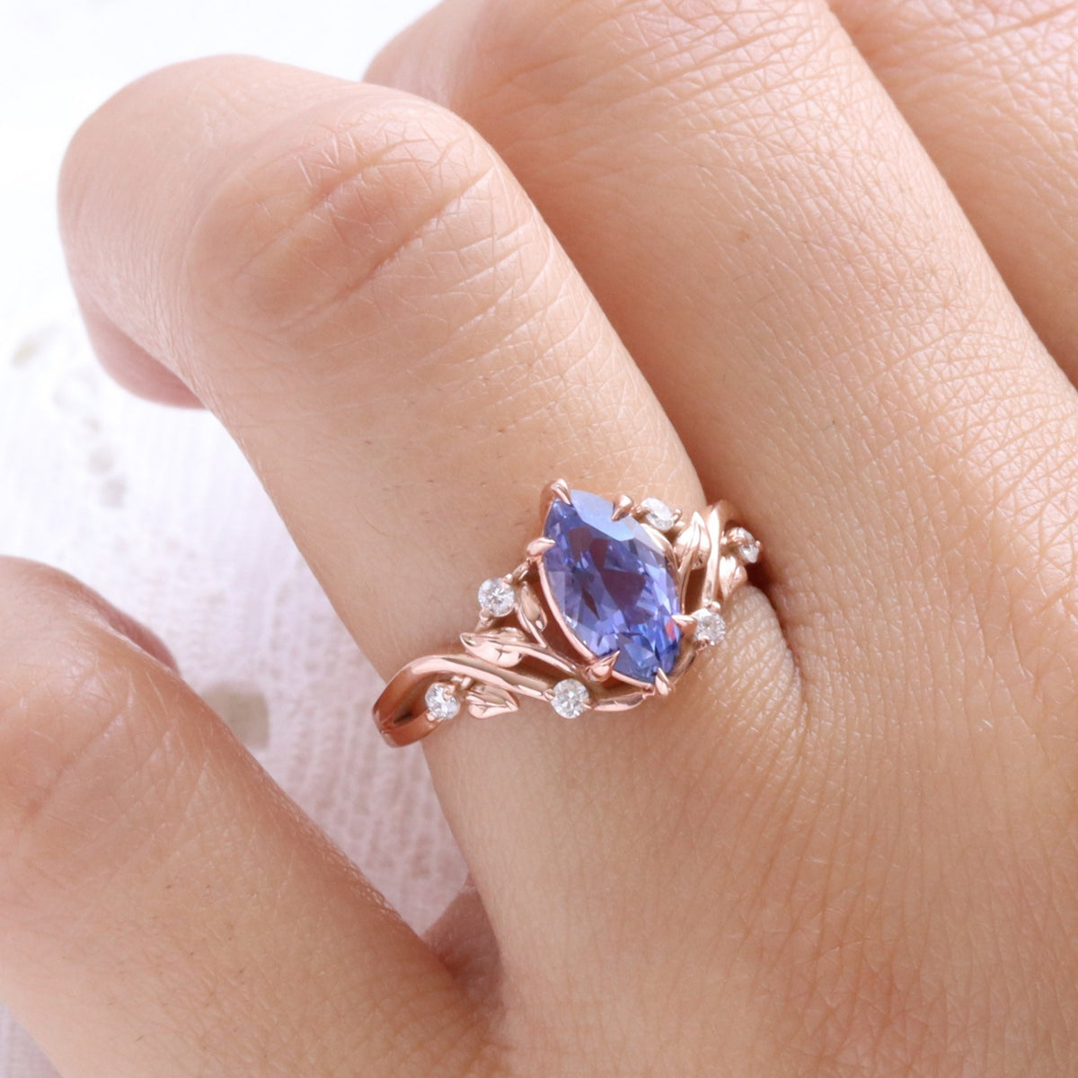 Marquise lavender purple sapphire ring rose gold floral leaf diamond sapphire solitaire ring la more design jewelry