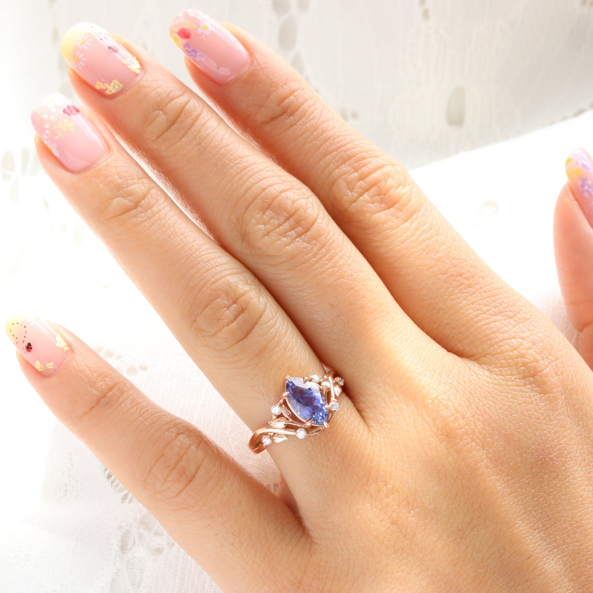 Marquise lavender purple sapphire ring rose gold floral leaf diamond sapphire solitaire ring la more design jewelry