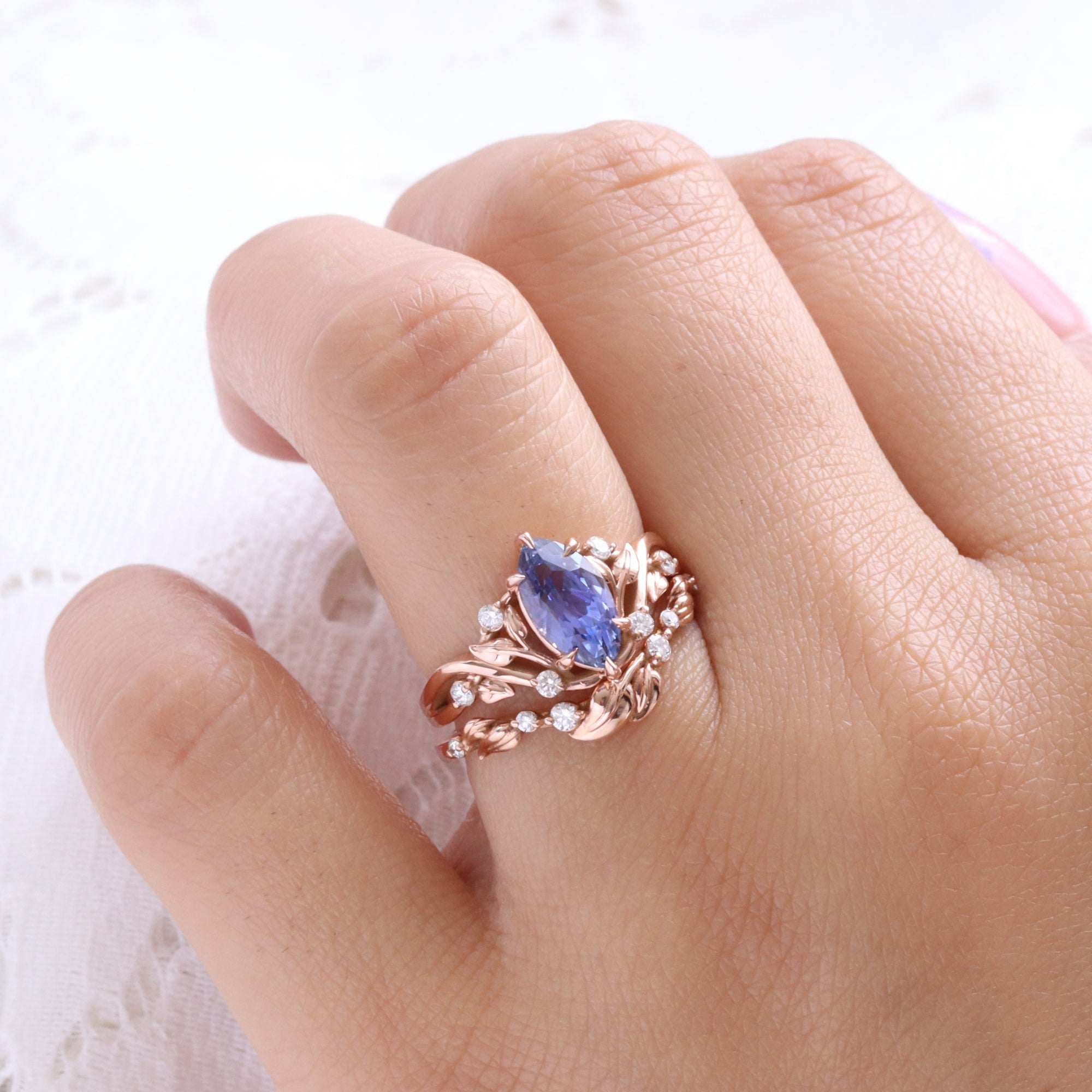 Marquise lavender purple sapphire ring rose gold floral leaf diamond sapphire solitaire ring la more design jewelry