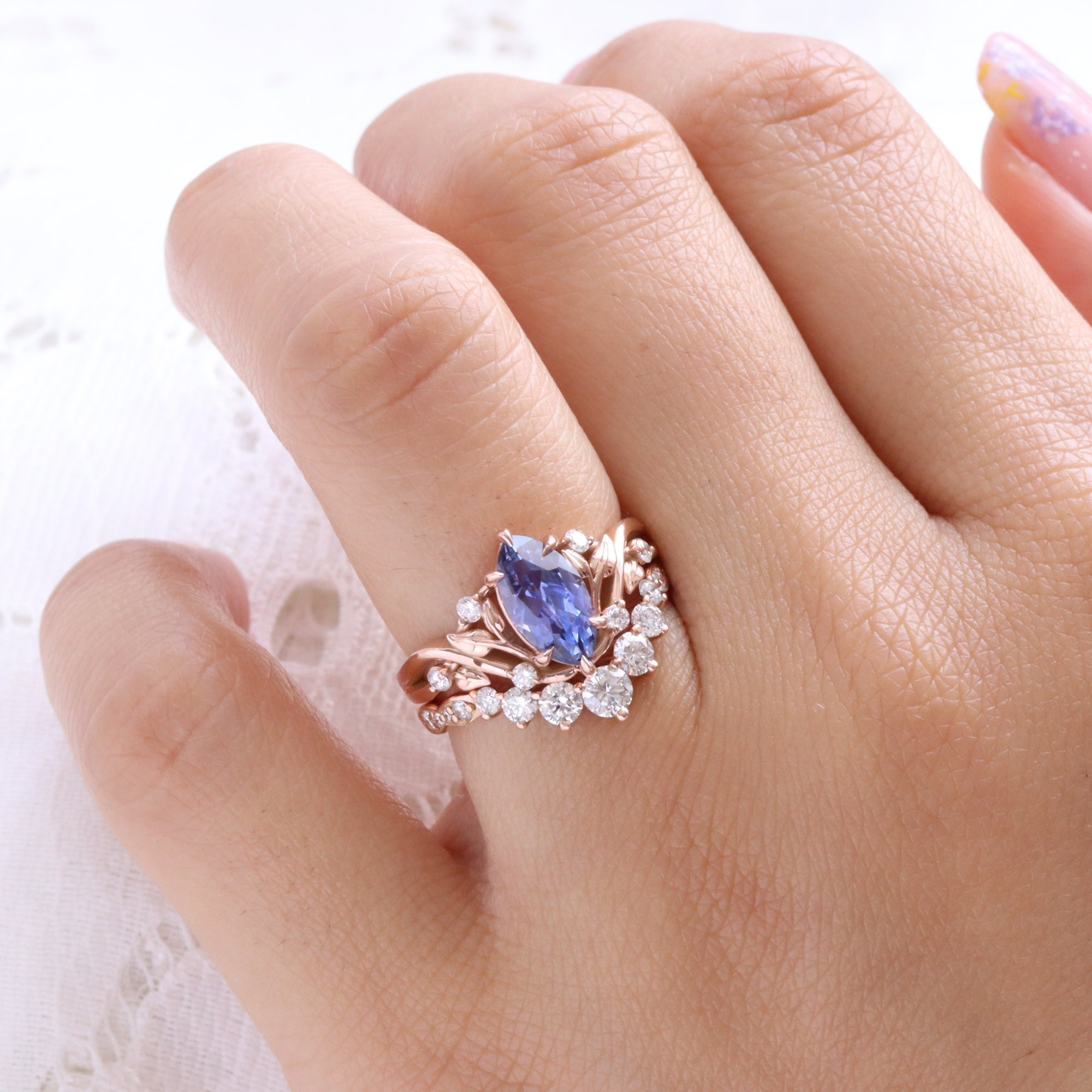 Marquise lavender purple sapphire ring rose gold floral leaf diamond sapphire solitaire ring la more design jewelry