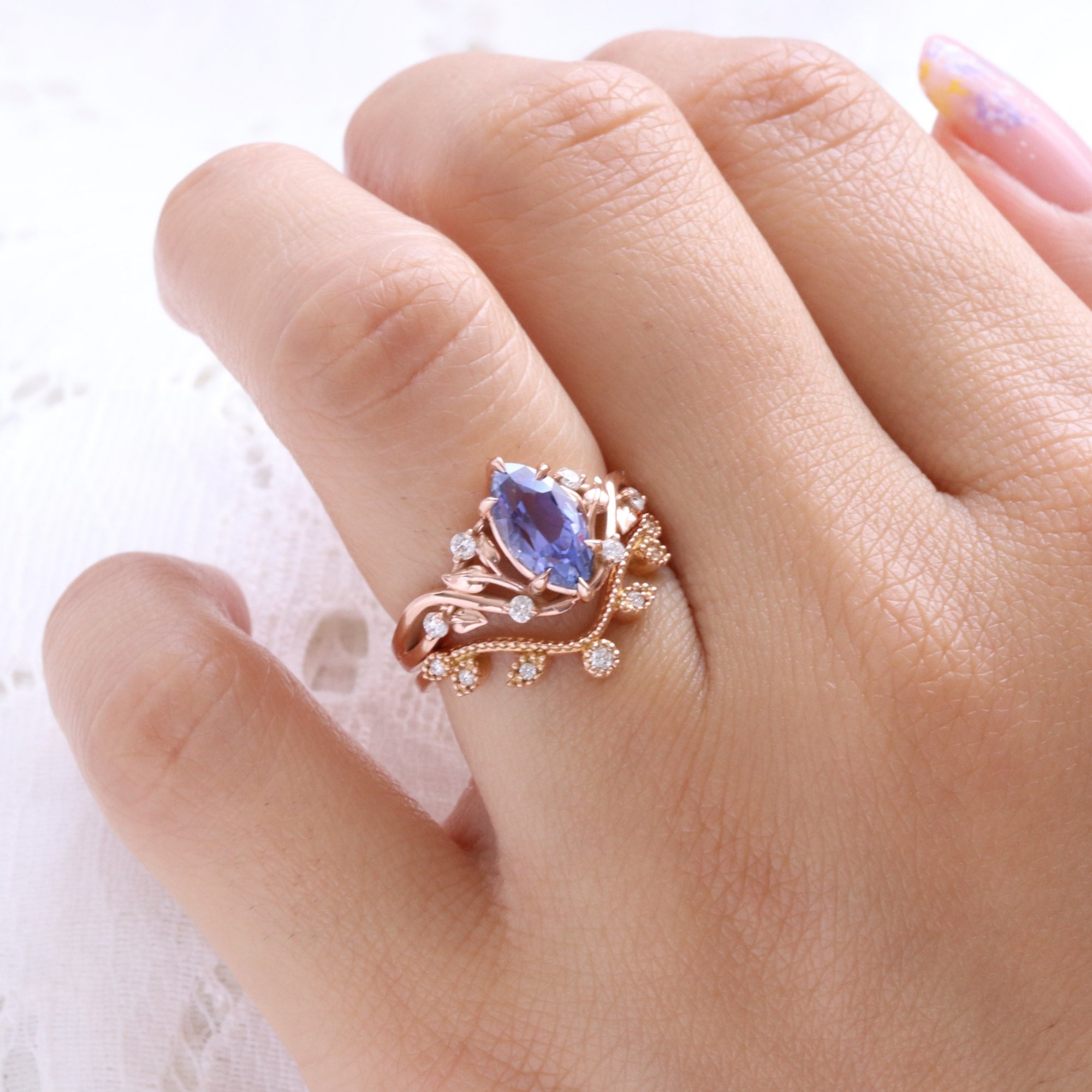 Marquise lavender purple sapphire ring rose gold floral leaf diamond sapphire solitaire ring la more design jewelry