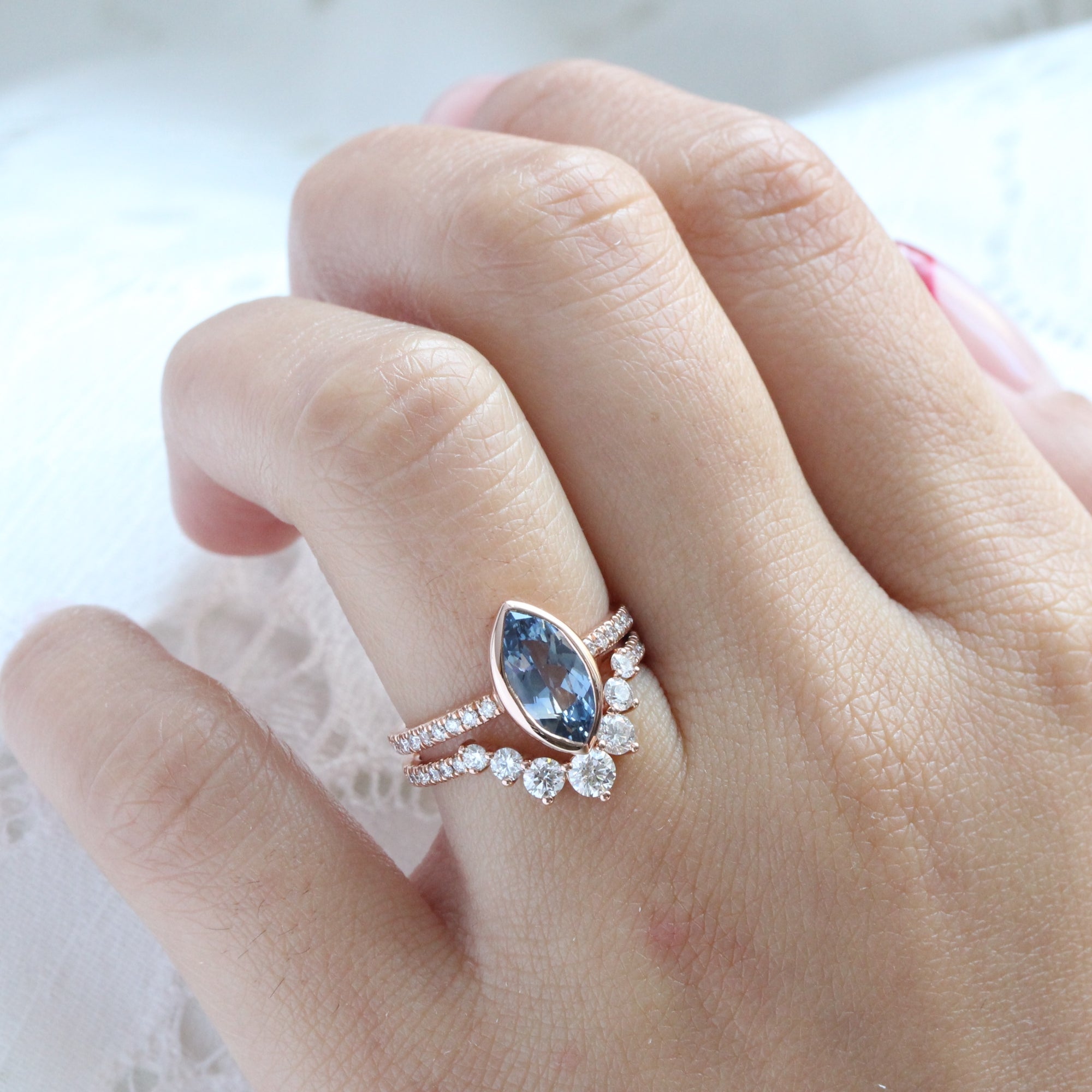 Marquise teal blue sapphire ring rose gold bezel solitaire pave diamond band la more design jewelry