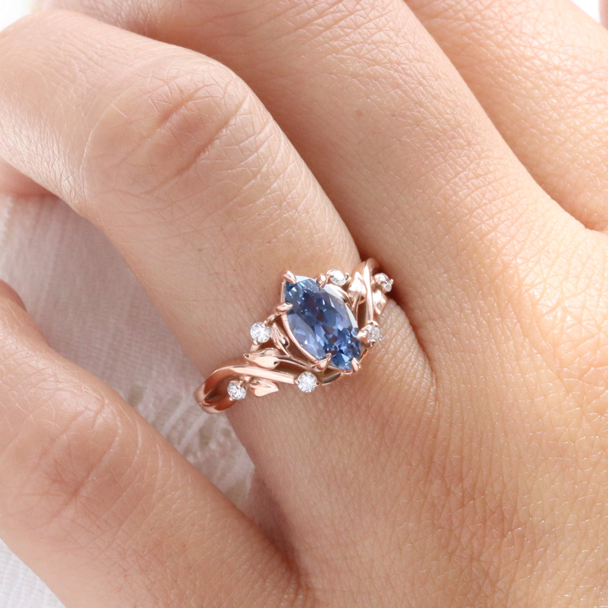 Marquise teal blue sapphire ring rose gold floral leaf diamond sapphire solitaire ring la more design jewelry
