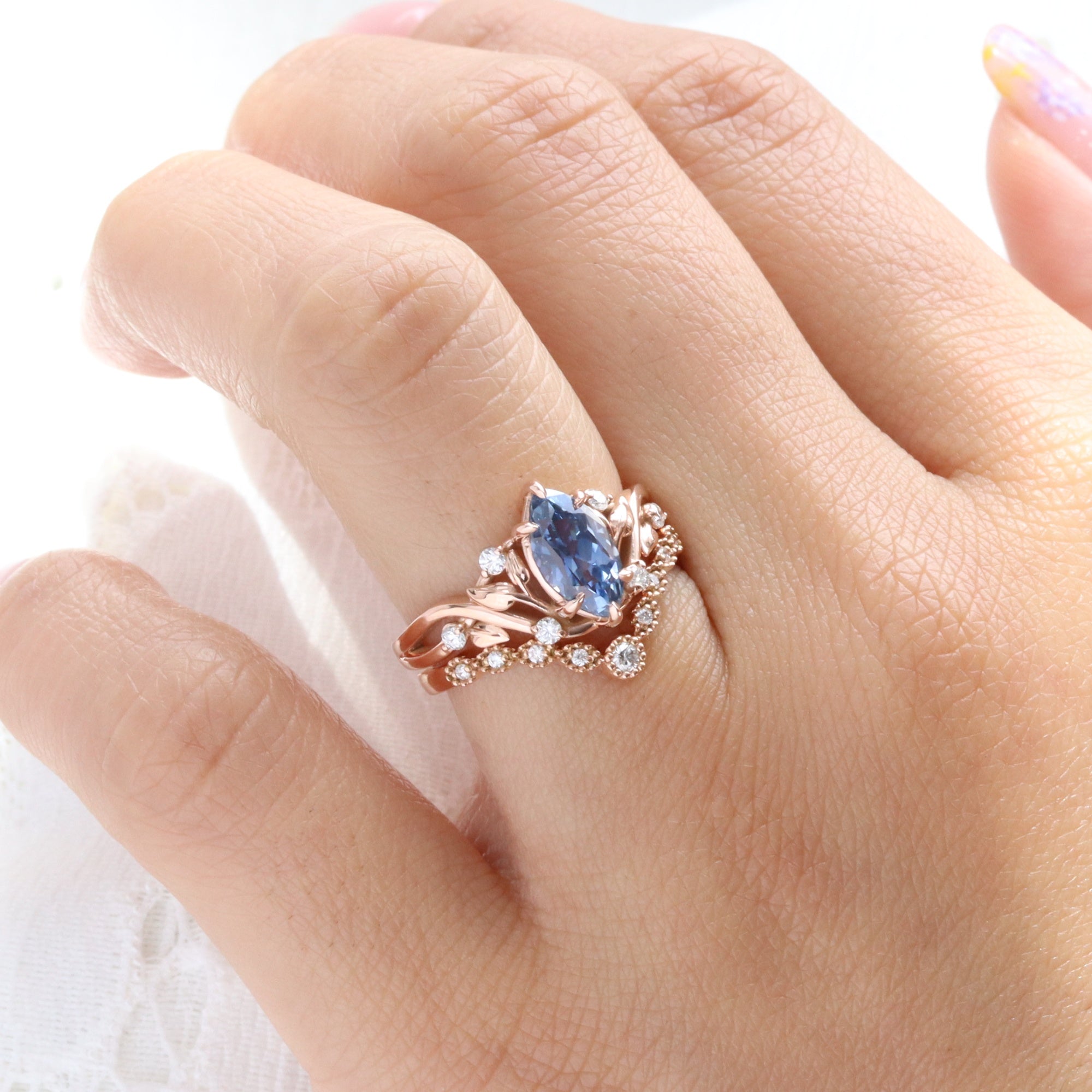 Marquise teal blue sapphire ring rose gold floral leaf diamond sapphire solitaire ring la more design jewelry
