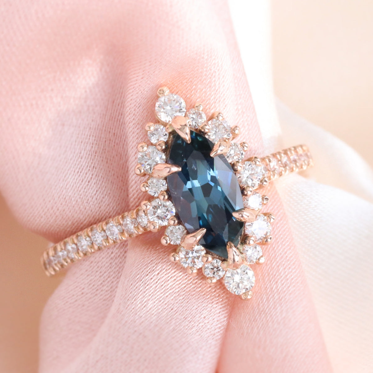Marquise teal blue sapphire ring rose gold halo diamond sapphire ring la more design jewelry