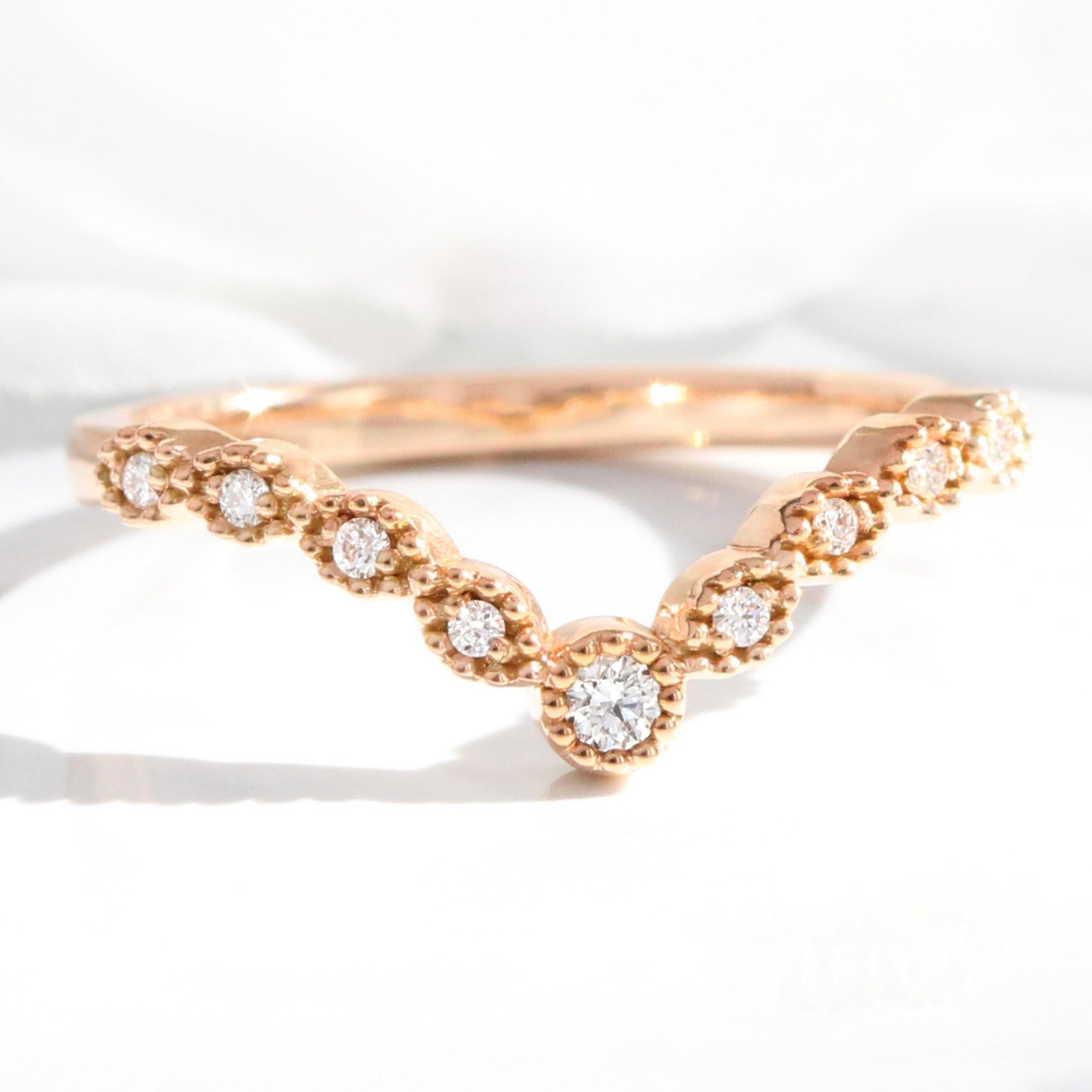 Milgrain Diamond Wedding Ring Rose Gold V Shaped Curved Band La More Design Jewelry