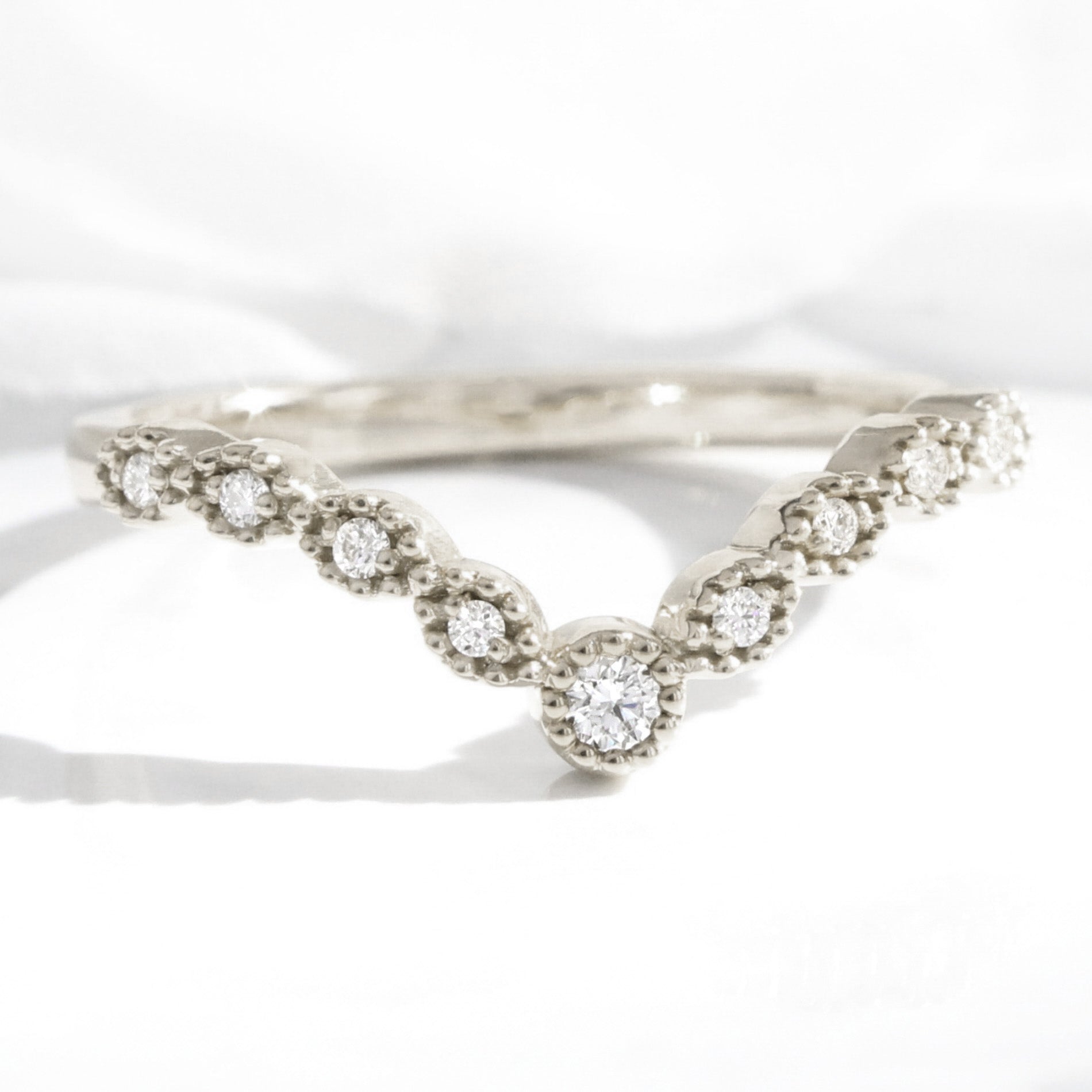 Milgrain Diamond Wedding Ring white Gold V Shaped Curved Band La More Design Jewelry