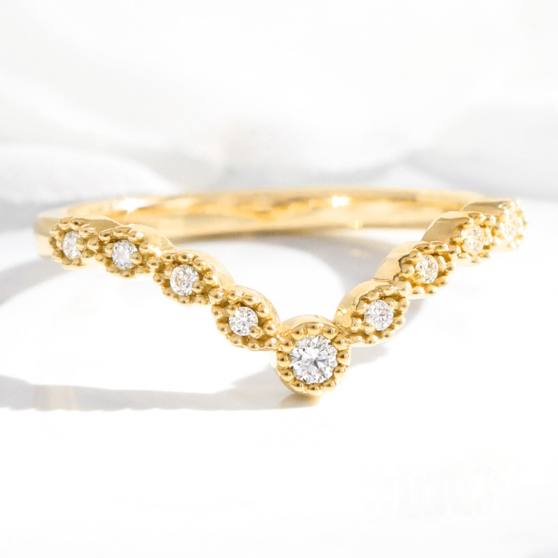Milgrain Diamond Wedding Ring yellow Gold V Shaped Curved Band La More Design Jewelry